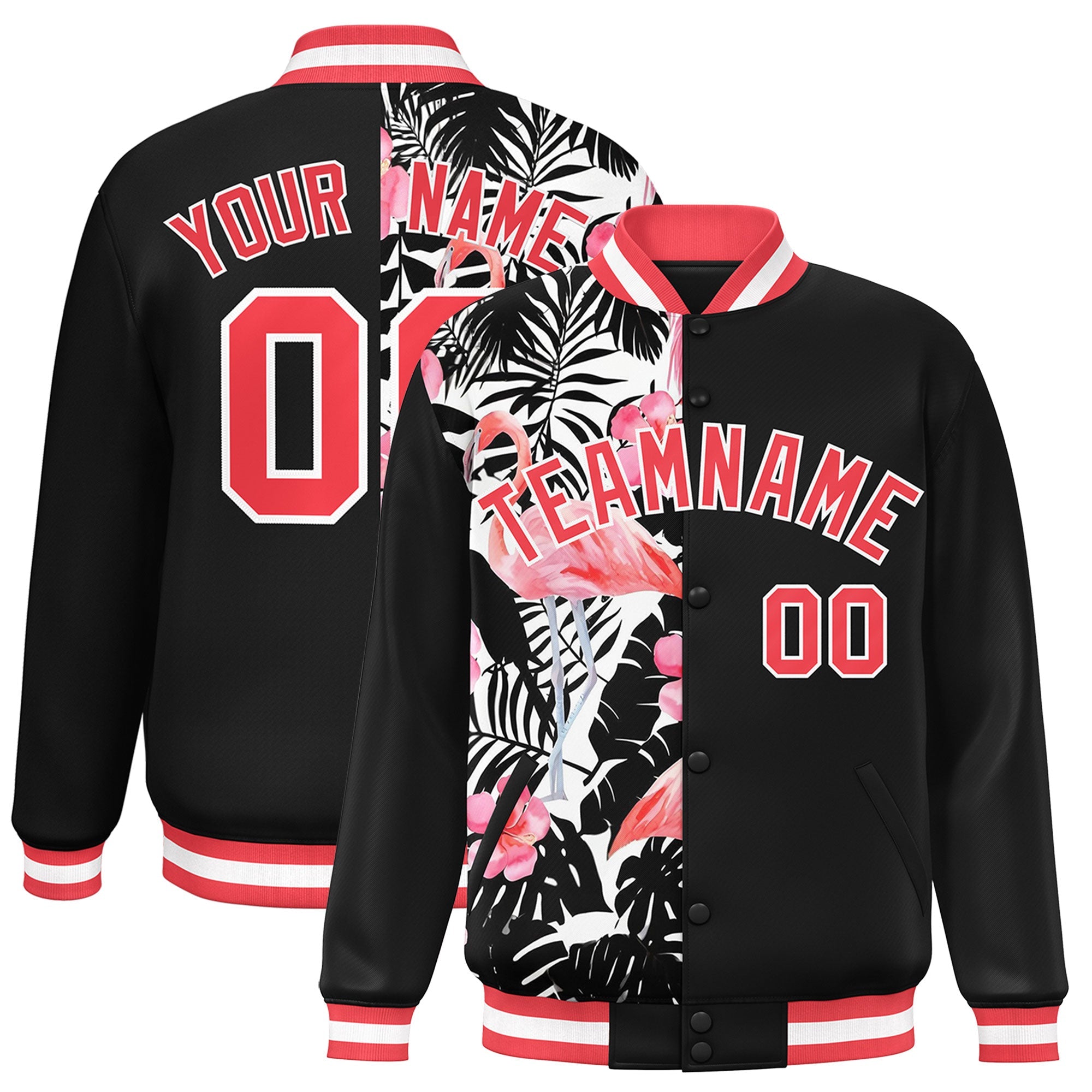 Custom Black Varsity Full-Snap Flower Pattern Letterman Two Tone Split Fashion Jacket