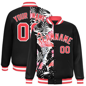 Custom Black Varsity Full-Snap Flower Pattern Letterman Two Tone Split Fashion Jacket