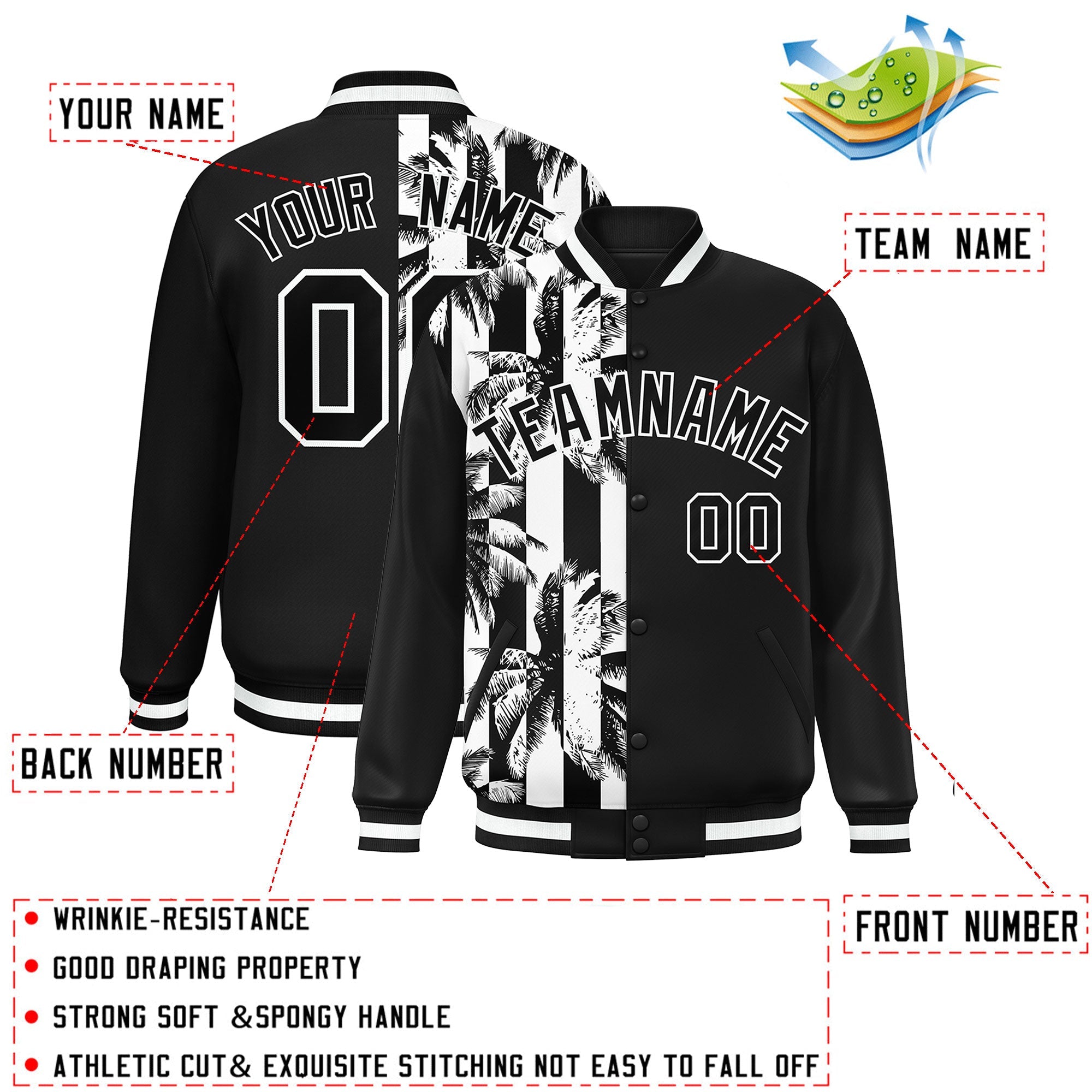 Custom Black Varsity Full-Snap Flower Pattern Letterman Two Tone Split Fashion Jacket