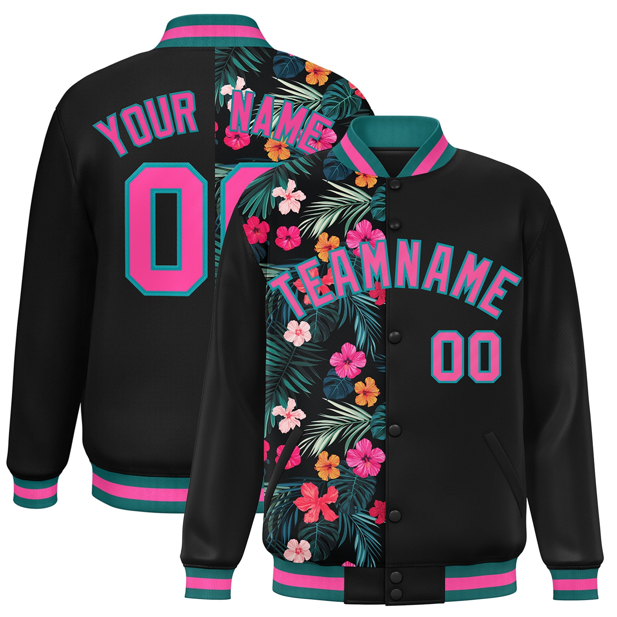 Custom Black Varsity Full-Snap Flower Pattern Letterman Two Tone Split Fashion Jacket