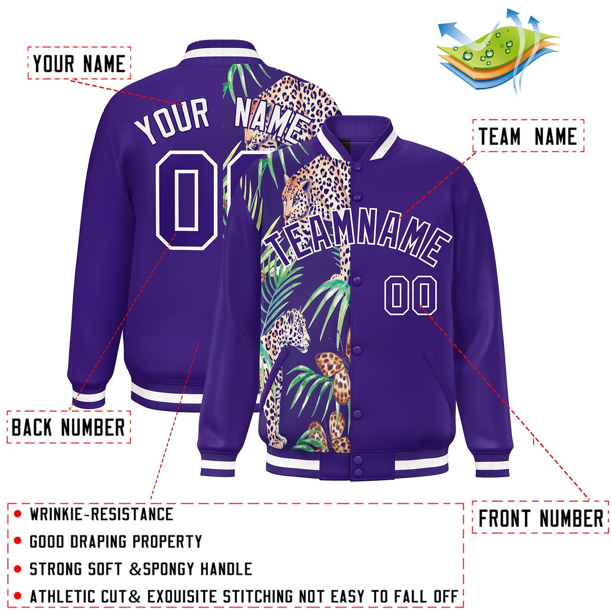 Custom Purple Varsity Full-Snap Flower Pattern Letterman Two Tone Split Fashion Jacket