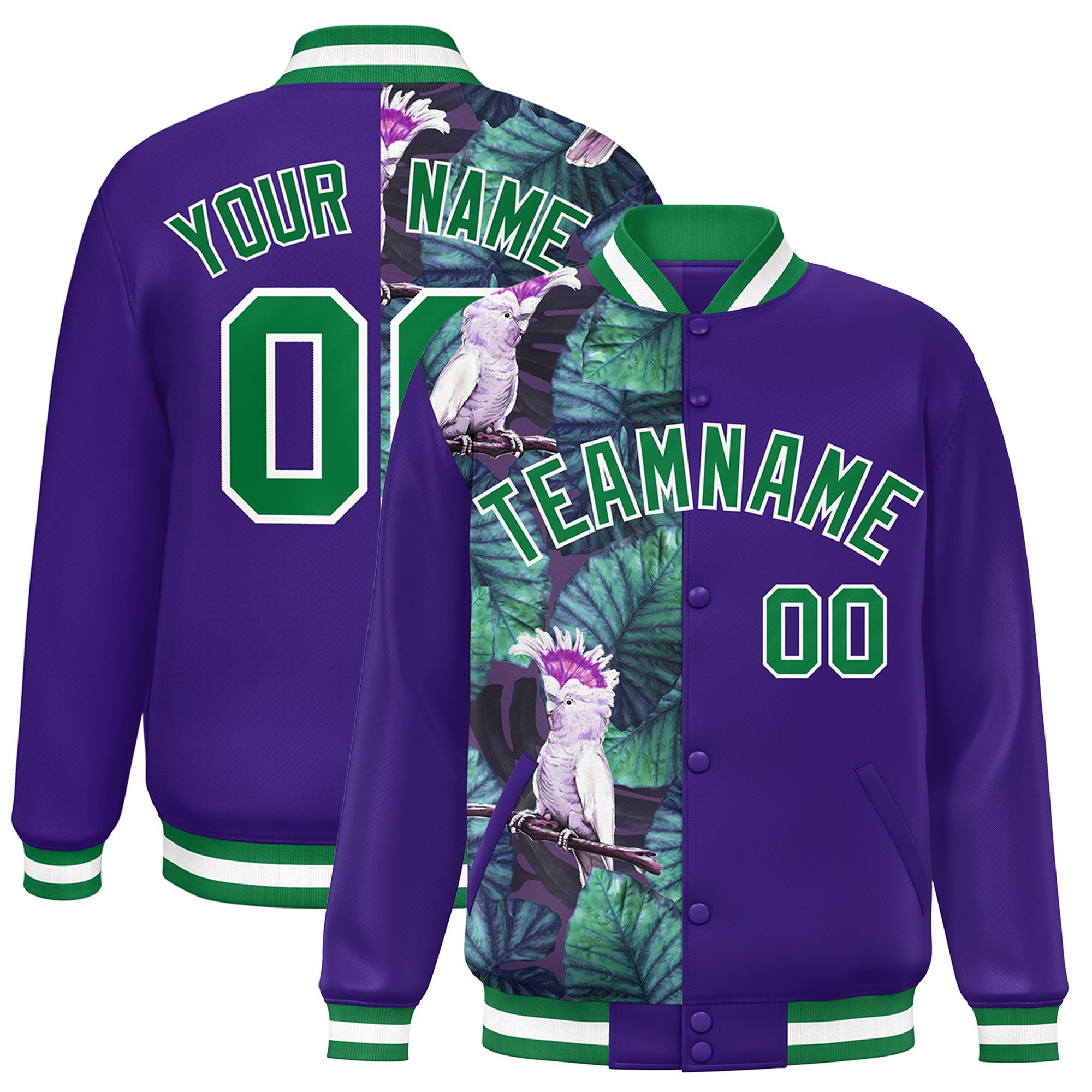 Custom Purple Varsity Full-Snap Flower Pattern Letterman Two Tone Split Fashion Jacket