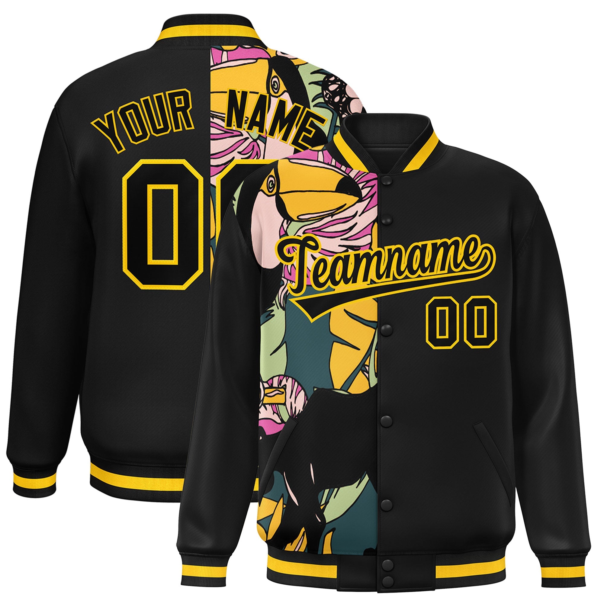 Custom Black Varsity Full-Snap Flower Pattern Letterman Two Tone Split Fashion Jacket