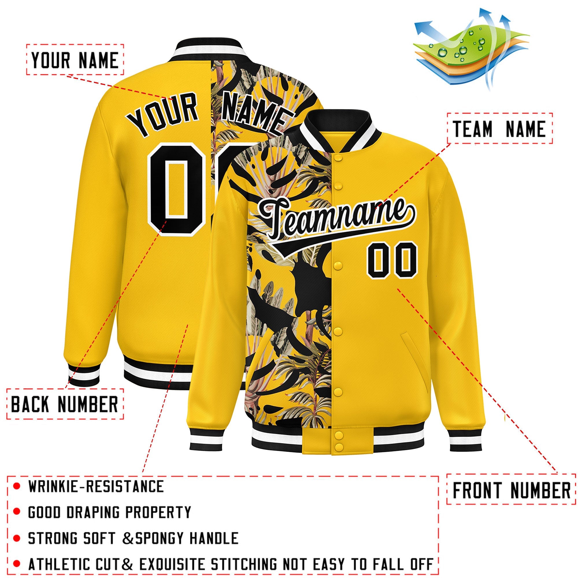 Custom Yellow Varsity Full-Snap Flower Pattern Letterman Two Tone Split Fashion Jacket