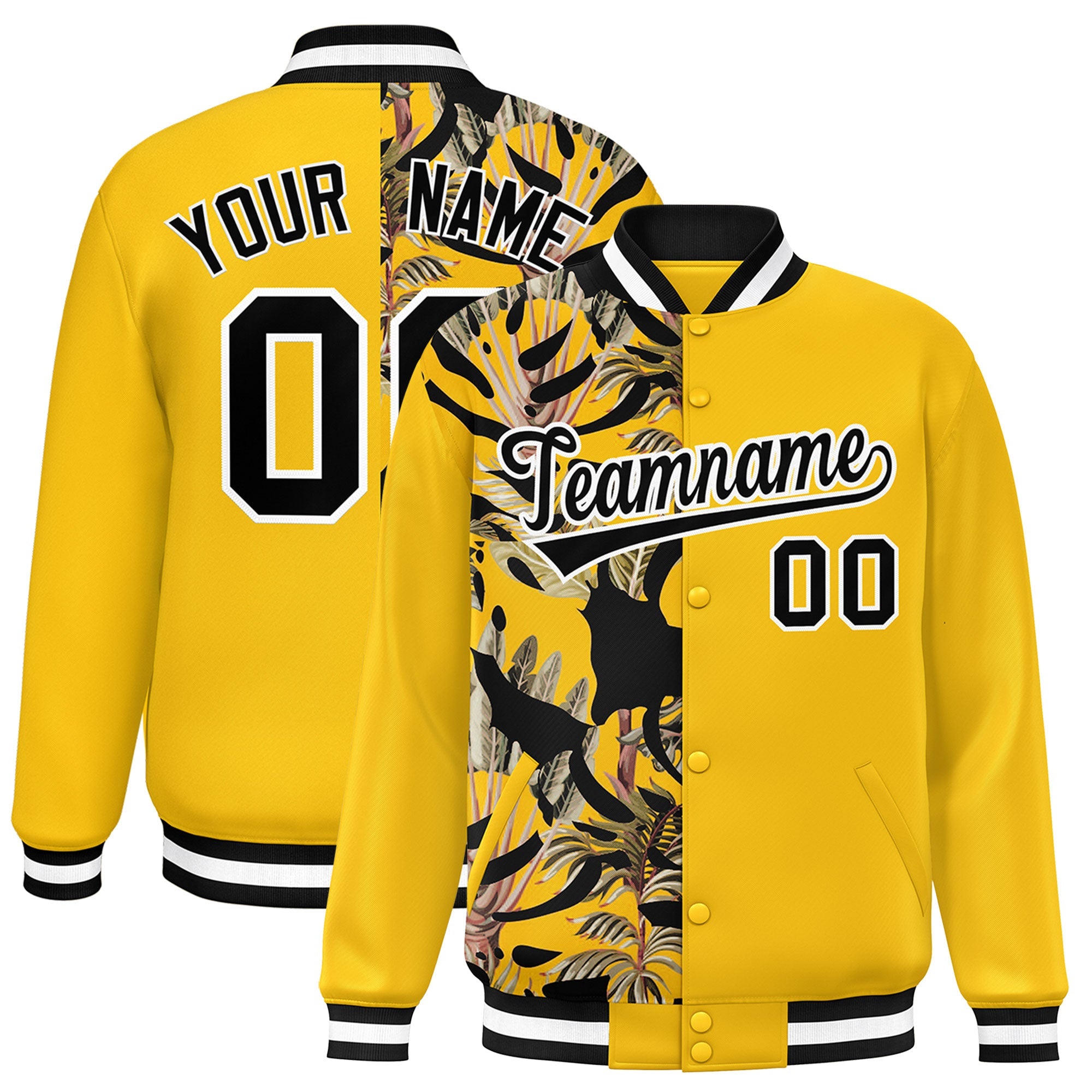 Custom Yellow Varsity Full-Snap Flower Pattern Letterman Two Tone Split Fashion Jacket