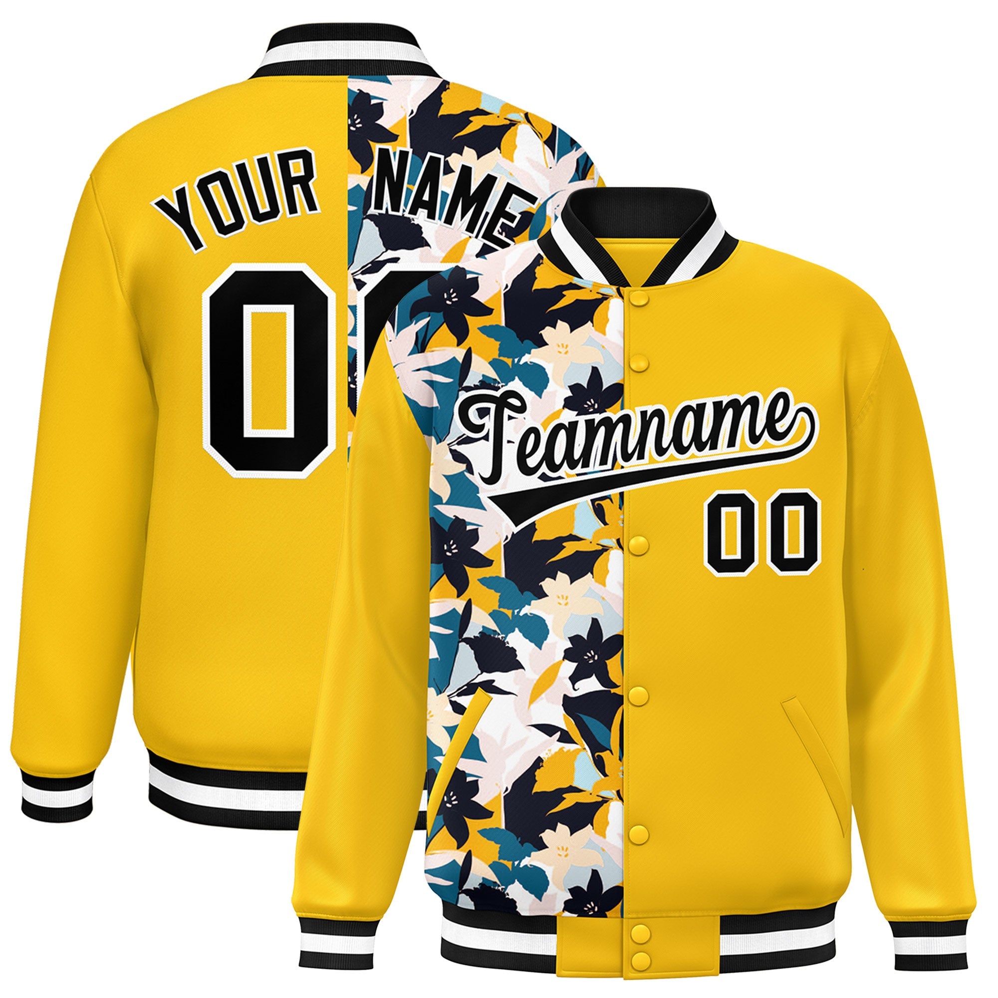 Custom Yellow Varsity Full-Snap Flower Pattern Letterman Two Tone Split Fashion Jacket