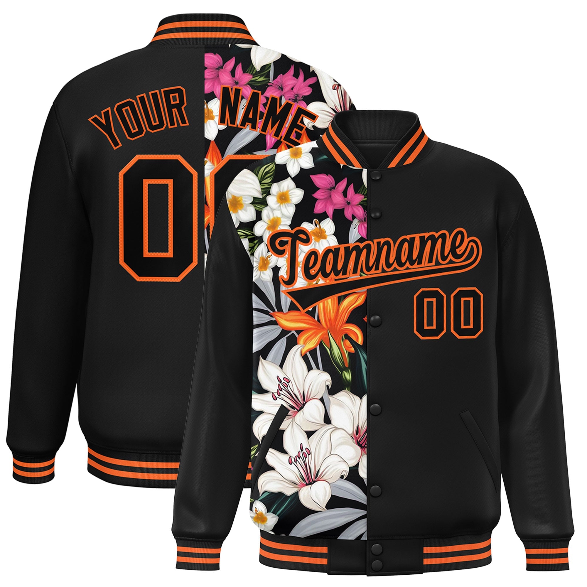 Custom Black Varsity Full-Snap Flower Pattern Letterman Two Tone Split Fashion Jacket