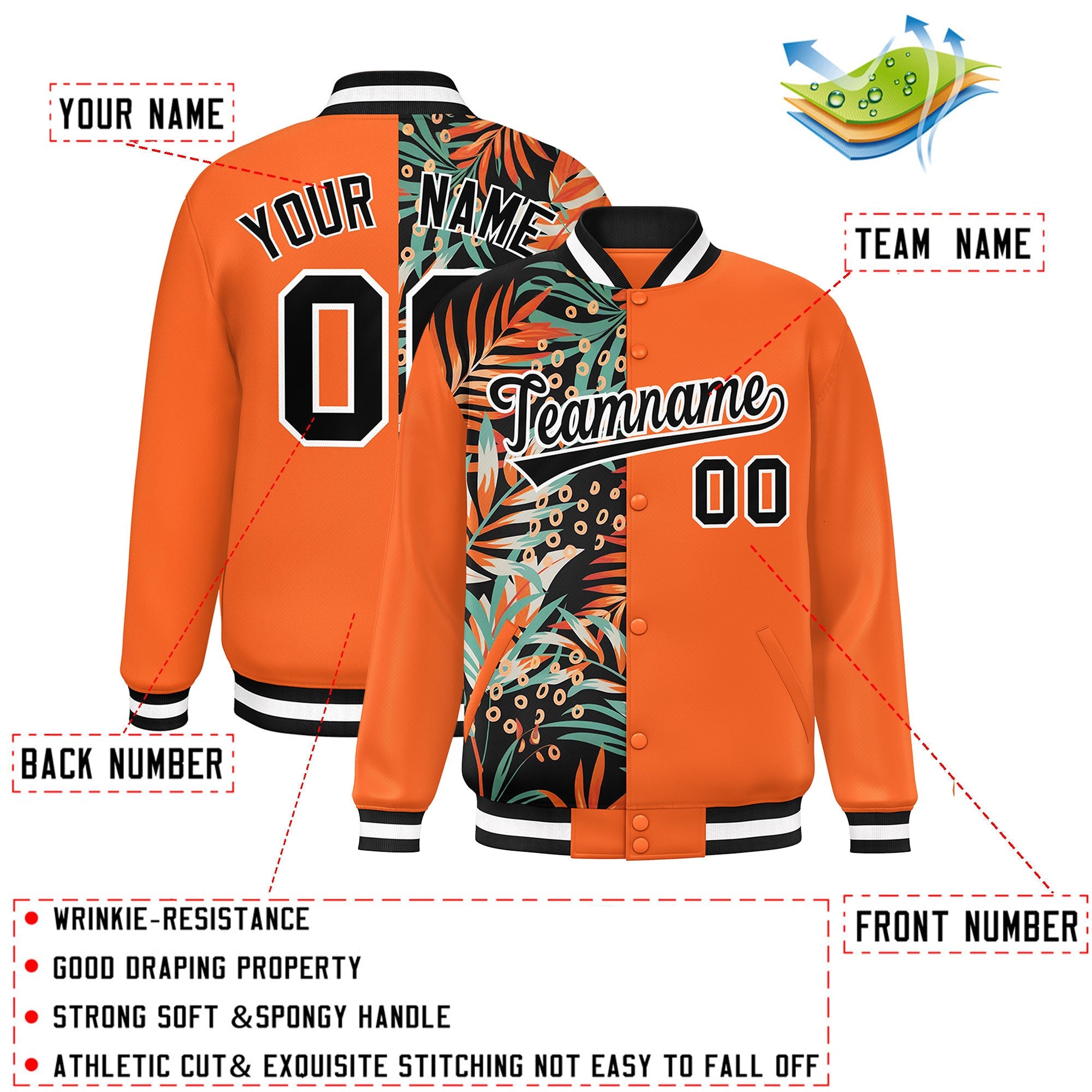 Custom Orange Varsity Full-Snap Flower Pattern Letterman Two Tone Split Fashion Jacket