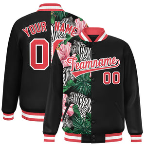 Custom Black Varsity Full-Snap Flower Pattern Letterman Two Tone Split Fashion Jacket