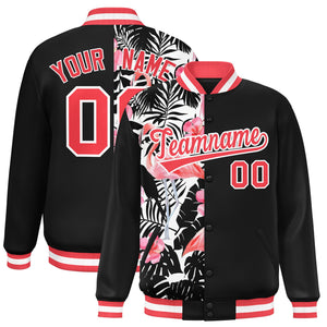 Custom Black Varsity Full-Snap Flower Pattern Letterman Two Tone Split Fashion Jacket