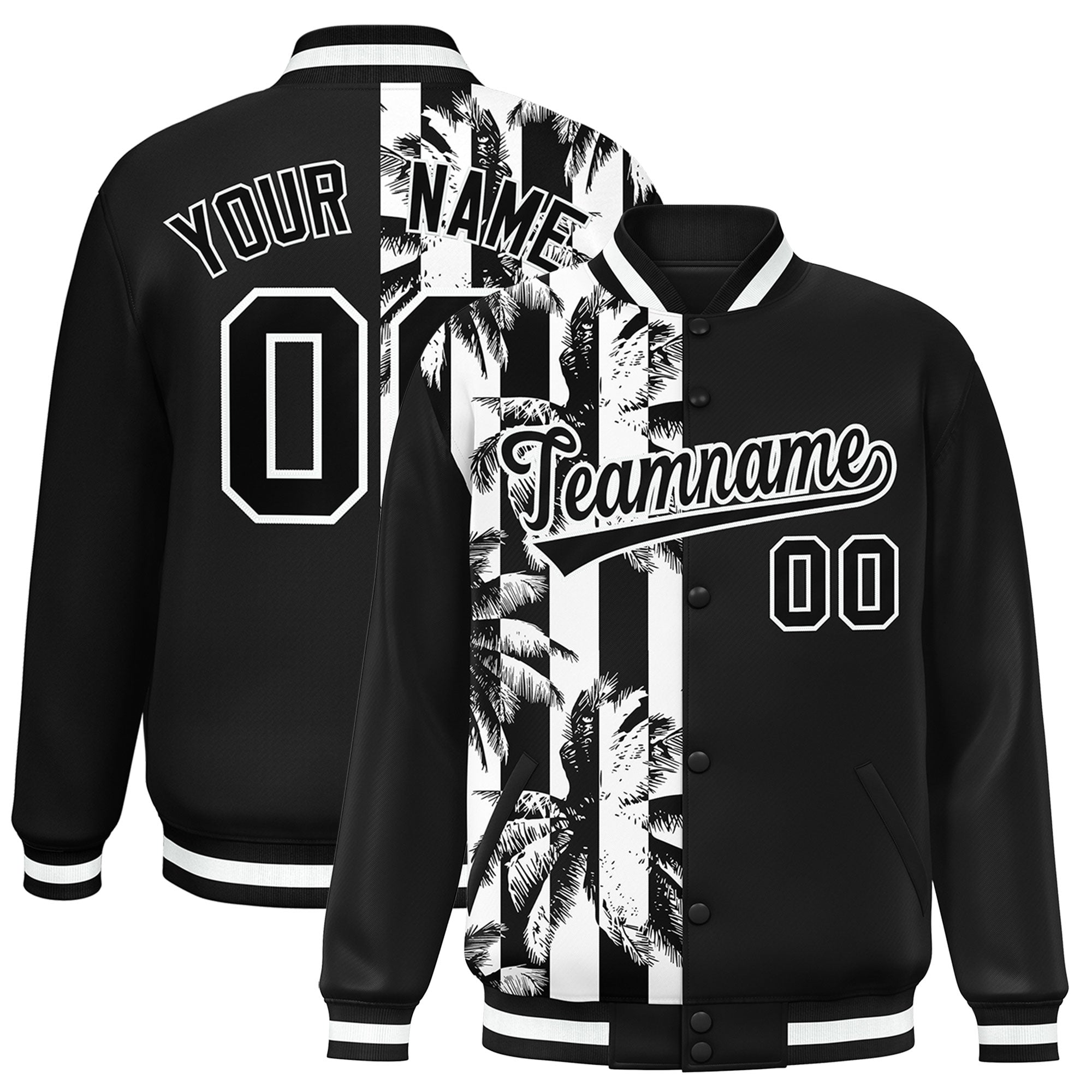 Custom Black Varsity Full-Snap Flower Pattern Letterman Two Tone Split Fashion Jacket