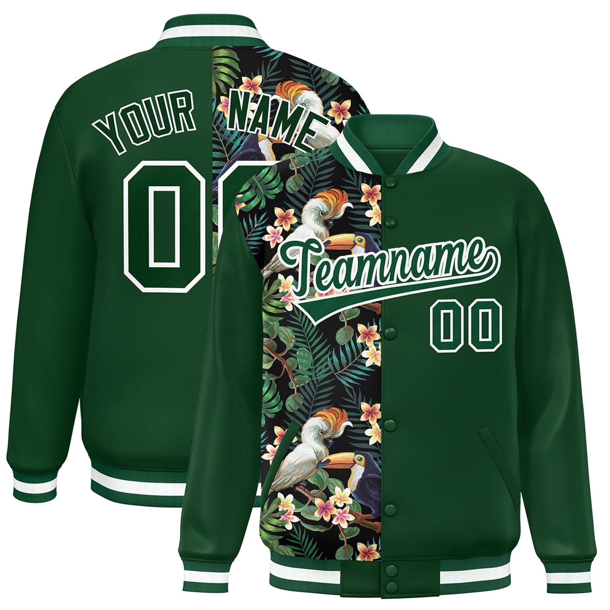 Custom Green Varsity Full-Snap Flower Pattern Letterman Two Tone Split Fashion Jacket