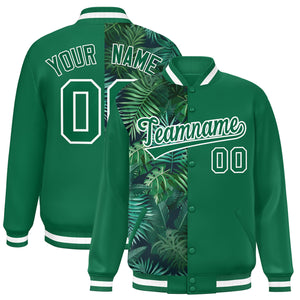 Custom Kelly Green Varsity Full-Snap Flower Pattern Letterman Two Tone Split Fashion Jacket