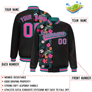 Custom Black Varsity Full-Snap Flower Pattern Letterman Two Tone Split Fashion Jacket