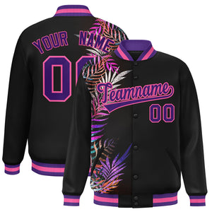 Custom Black Varsity Full-Snap Flower Pattern Letterman Two Tone Split Fashion Jacket