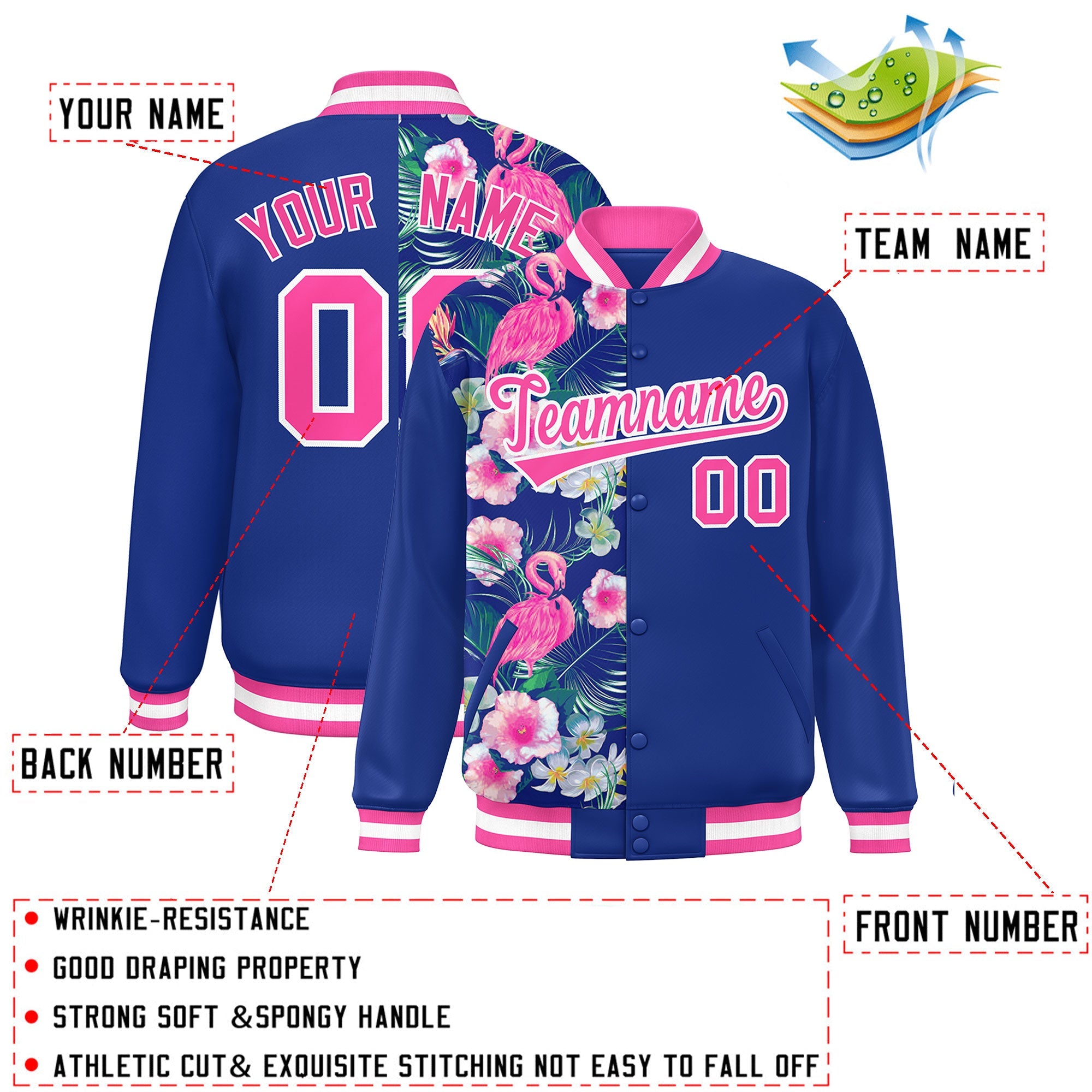 Custom Royal Varsity Full-Snap Flower Pattern Letterman Two Tone Split Fashion Jacket