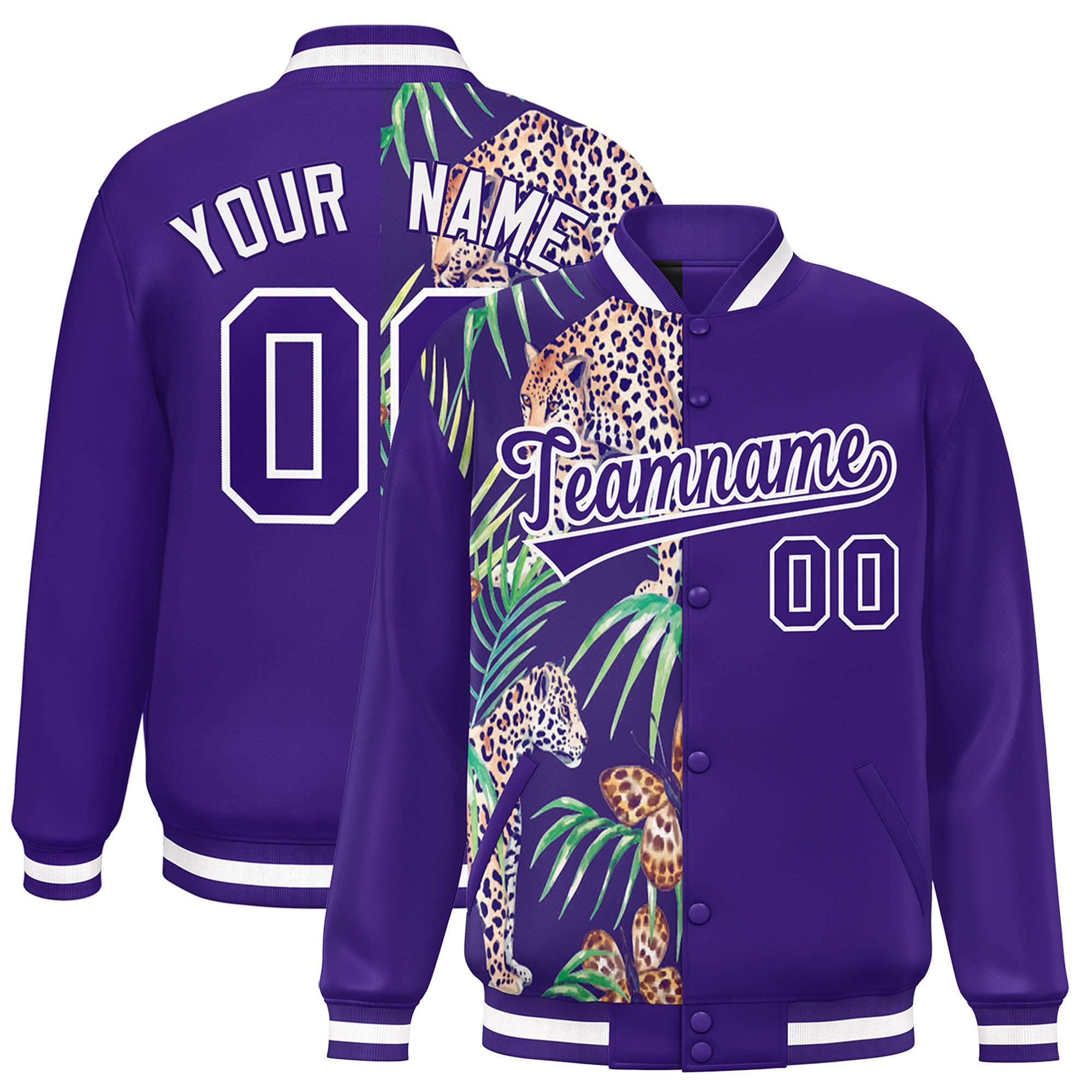 Custom Purple Varsity Full-Snap Flower Pattern Letterman Two Tone Split Fashion Jacket