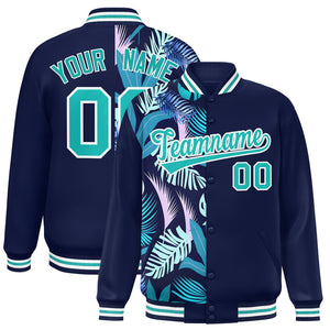 Custom Navy Varsity Full-Snap Flower Pattern Letterman Two Tone Split Fashion Jacket