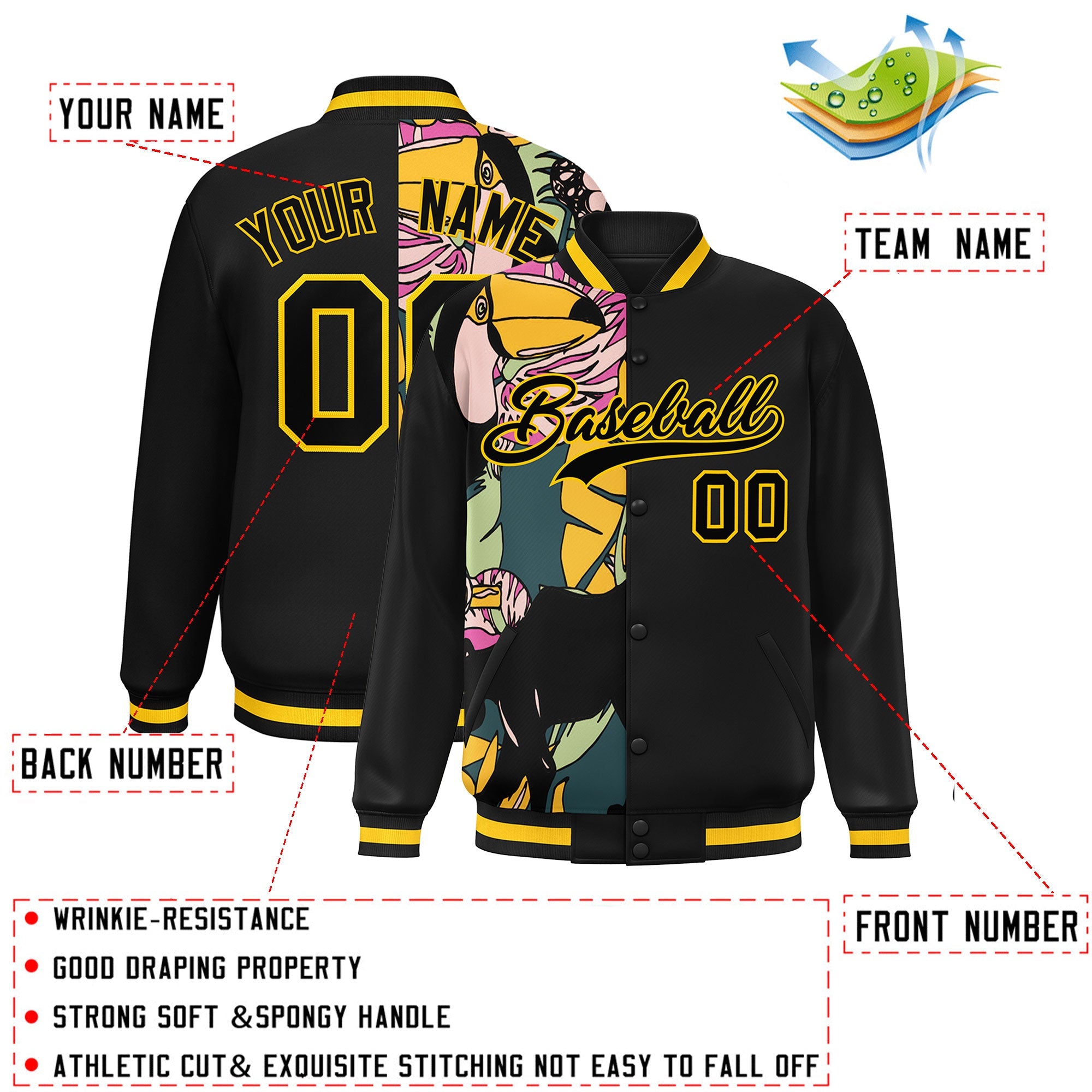 Custom Black Varsity Full-Snap Flower Pattern Letterman Two Tone Split Fashion Jacket