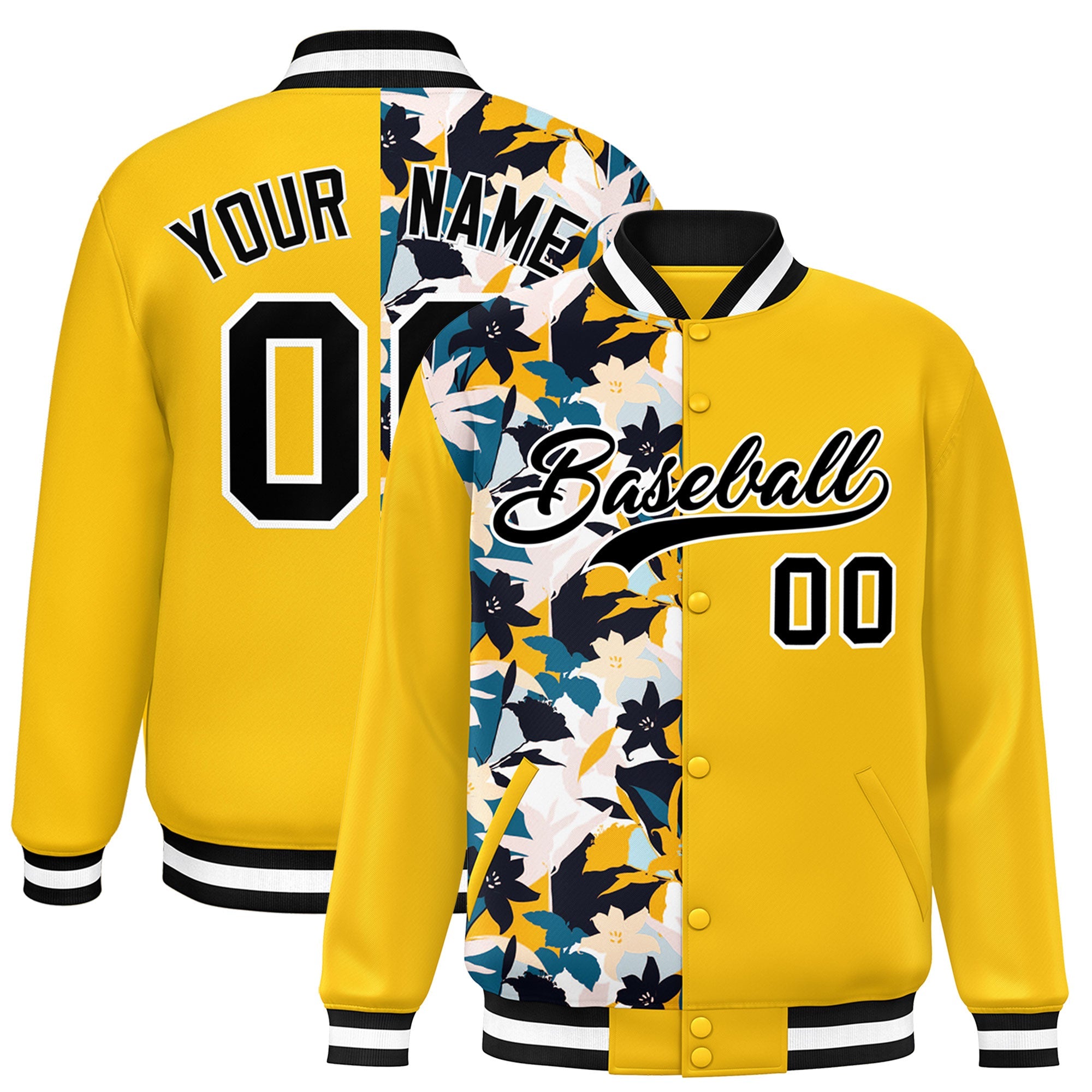 Custom Yellow Varsity Full-Snap Flower Pattern Letterman Two Tone Split Fashion Jacket