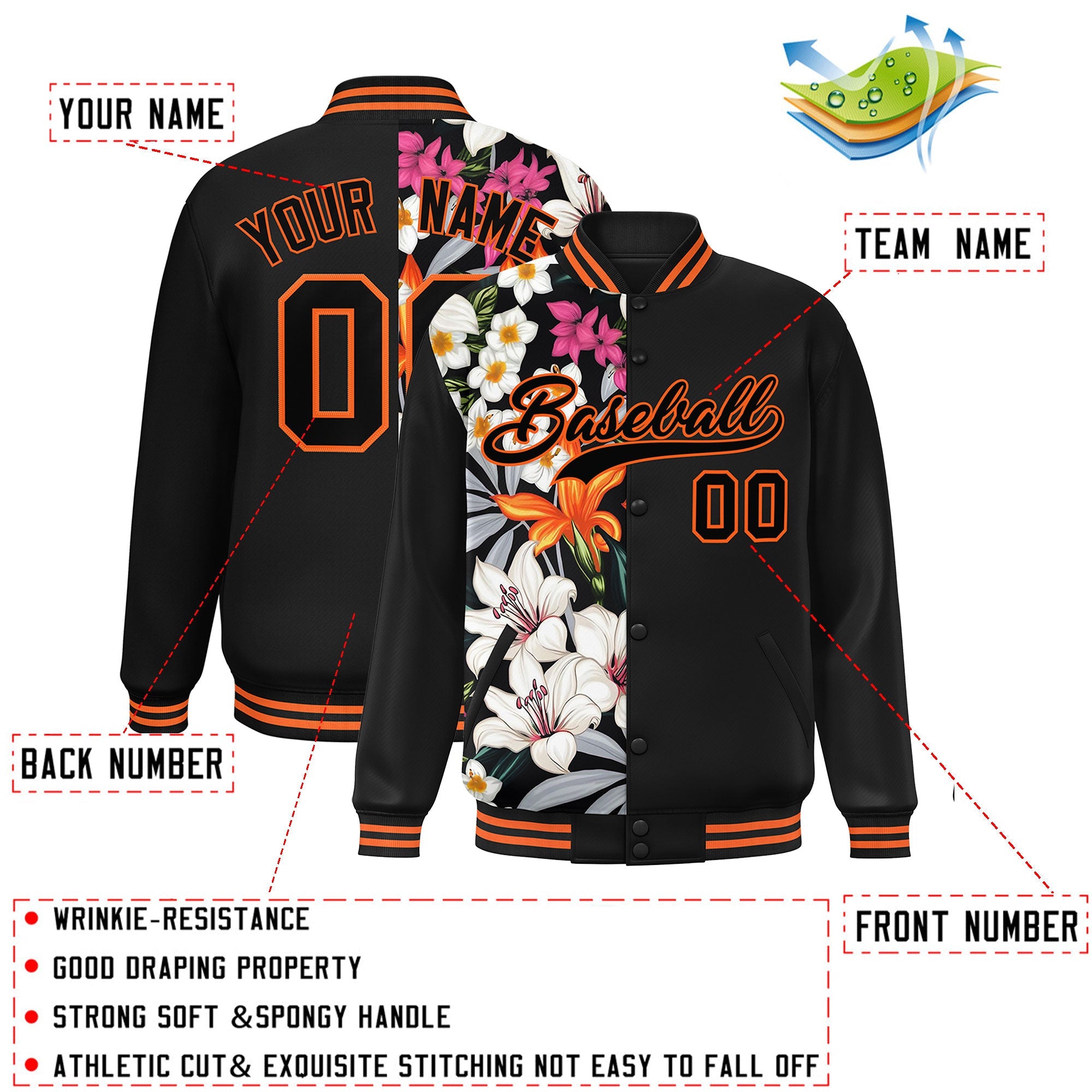 Custom Black Varsity Full-Snap Flower Pattern Letterman Two Tone Split Fashion Jacket