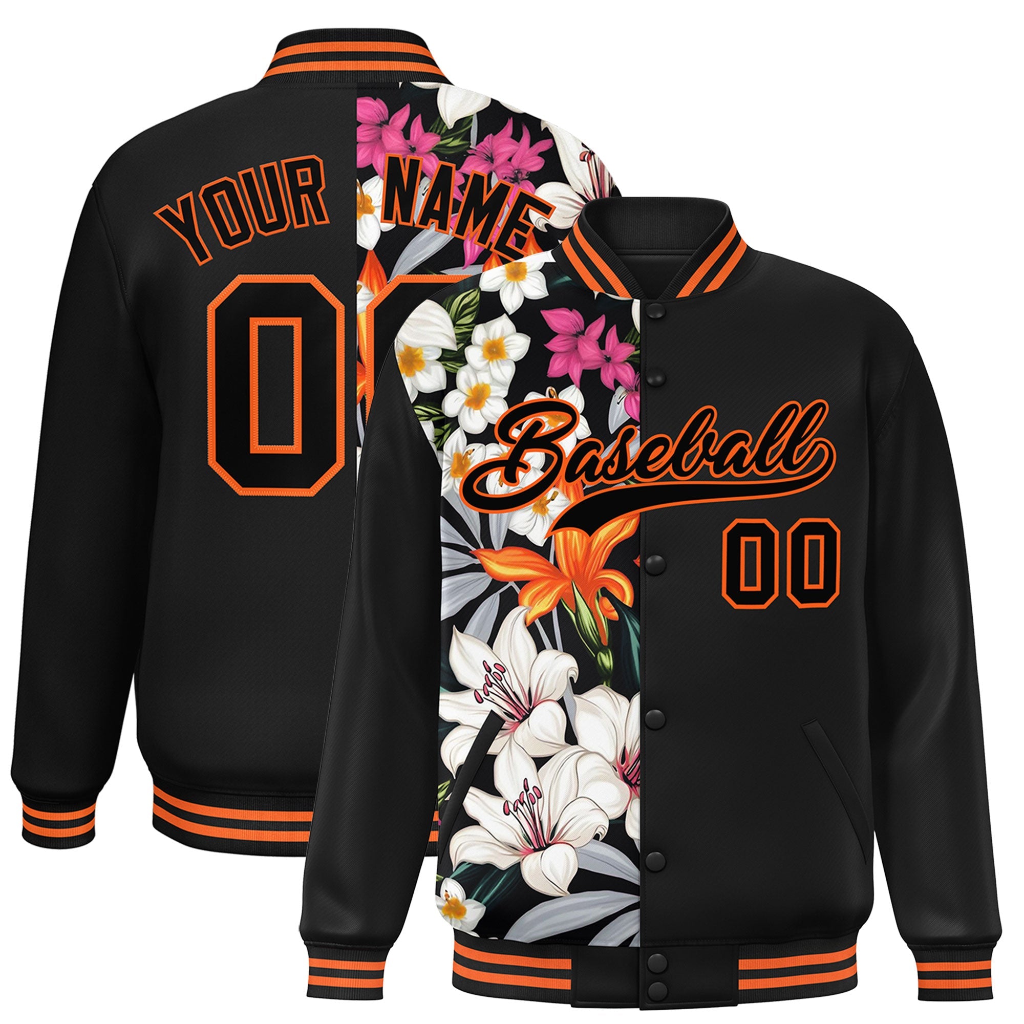 Custom Black Varsity Full-Snap Flower Pattern Letterman Two Tone Split Fashion Jacket