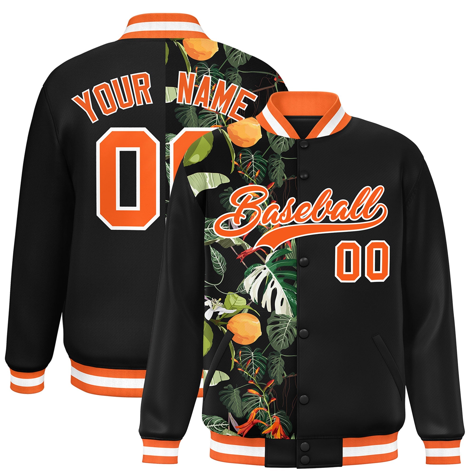 Custom Black Varsity Full-Snap Flower Pattern Letterman Two Tone Split Fashion Jacket