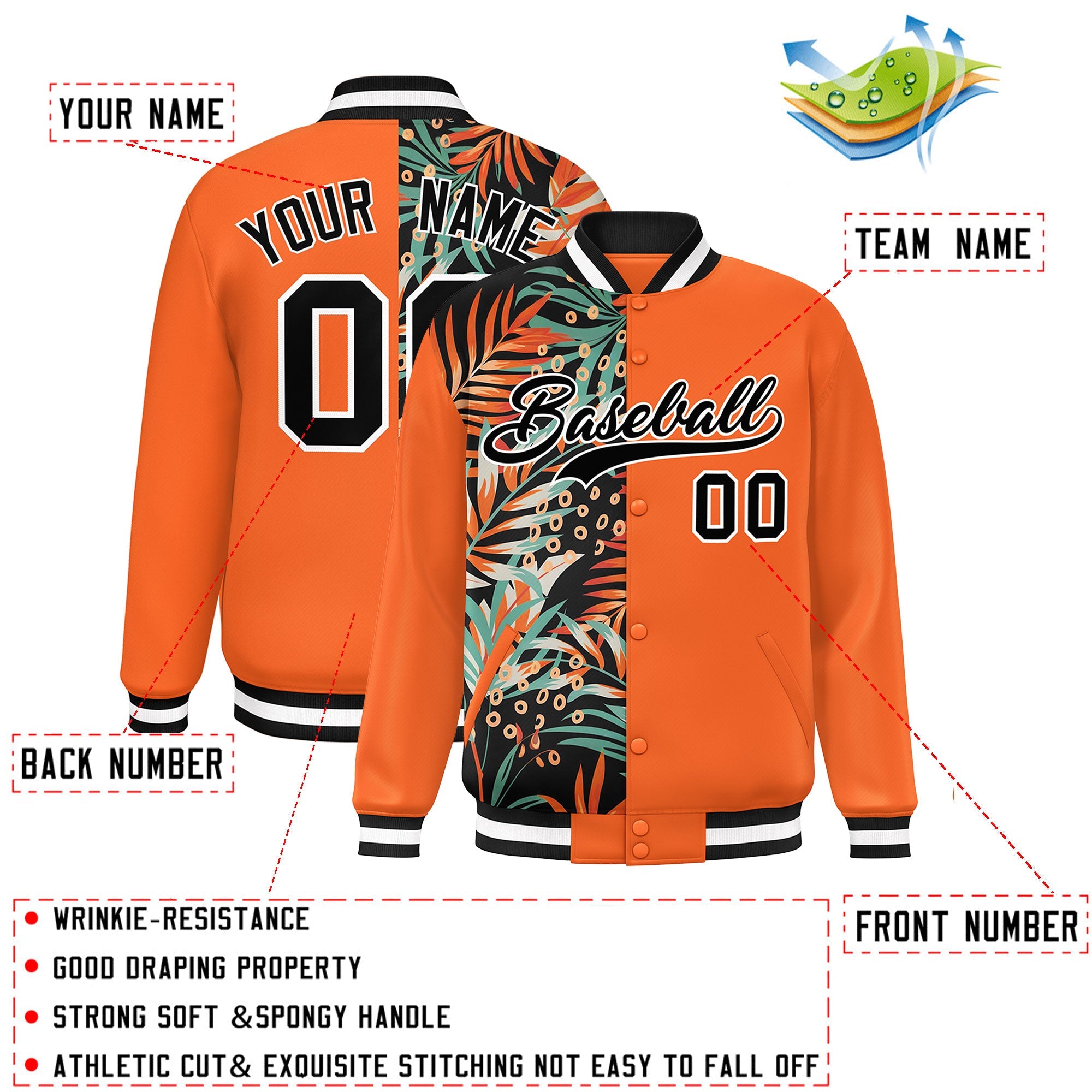 Custom Orange Varsity Full-Snap Flower Pattern Letterman Two Tone Split Fashion Jacket