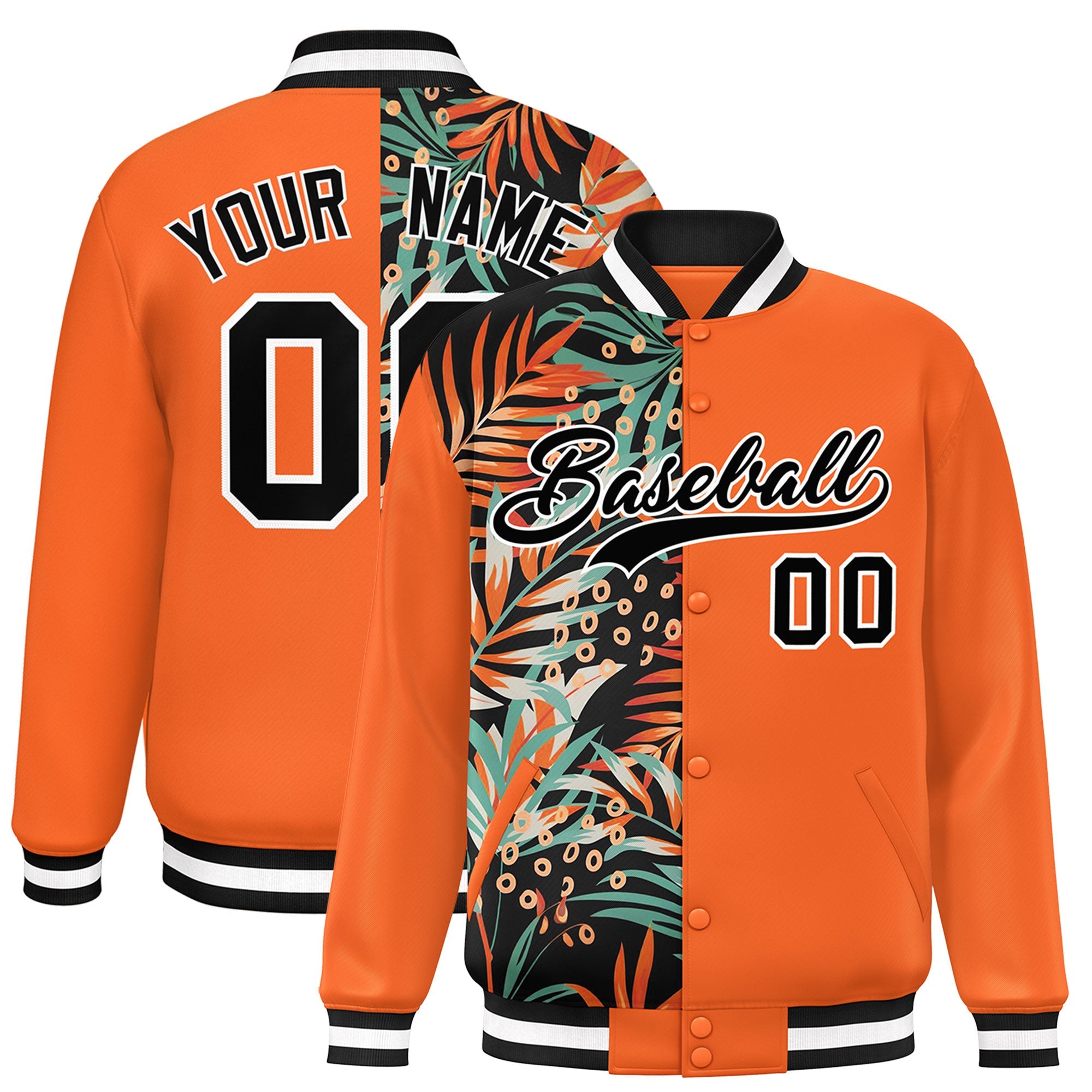 Custom Orange Varsity Full-Snap Flower Pattern Letterman Two Tone Split Fashion Jacket