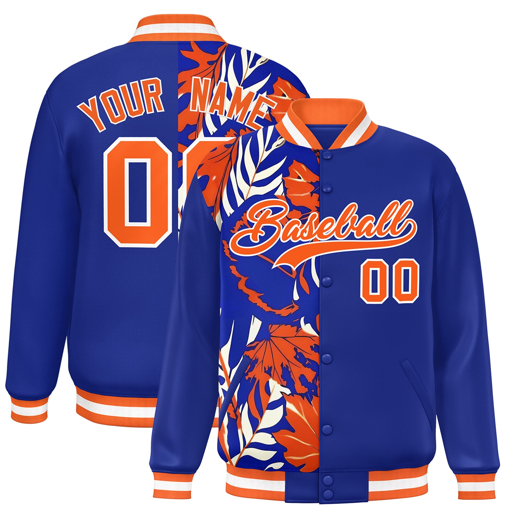 Custom Royal Varsity Full-Snap Flower Pattern Letterman Two Tone Split Fashion Jacket