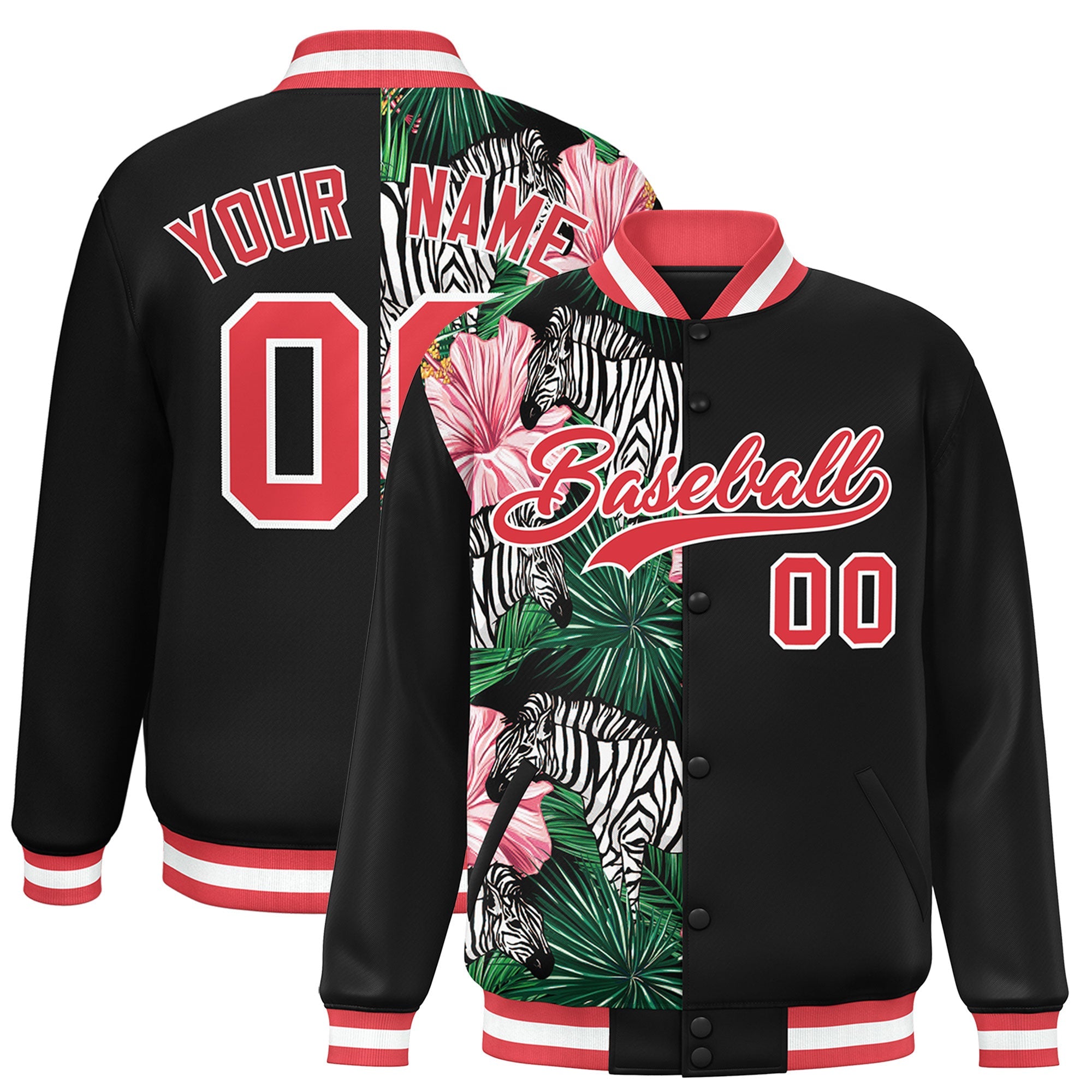 Custom Black Varsity Full-Snap Flower Pattern Letterman Two Tone Split Fashion Jacket