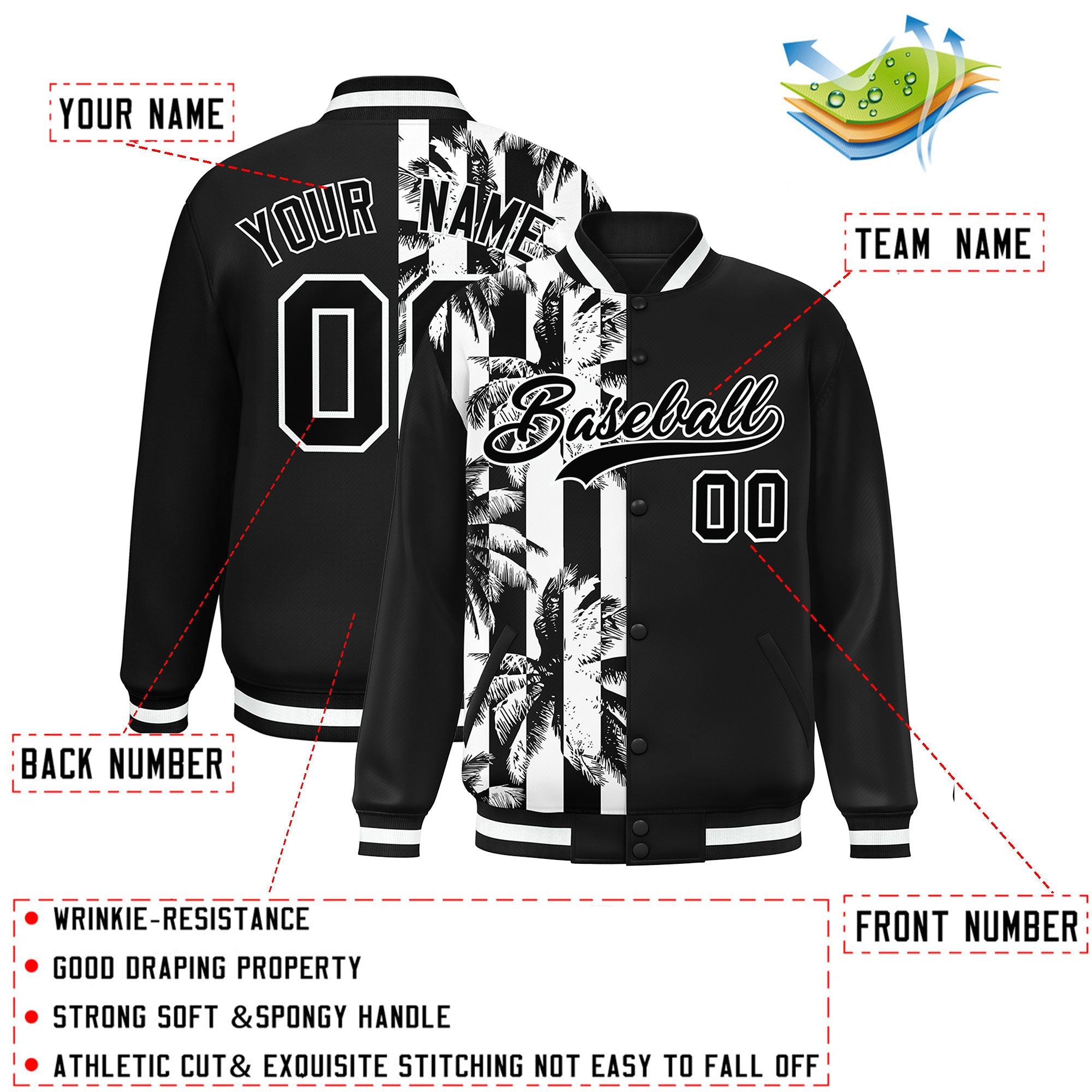 Custom Black Varsity Full-Snap Flower Pattern Letterman Two Tone Split Fashion Jacket