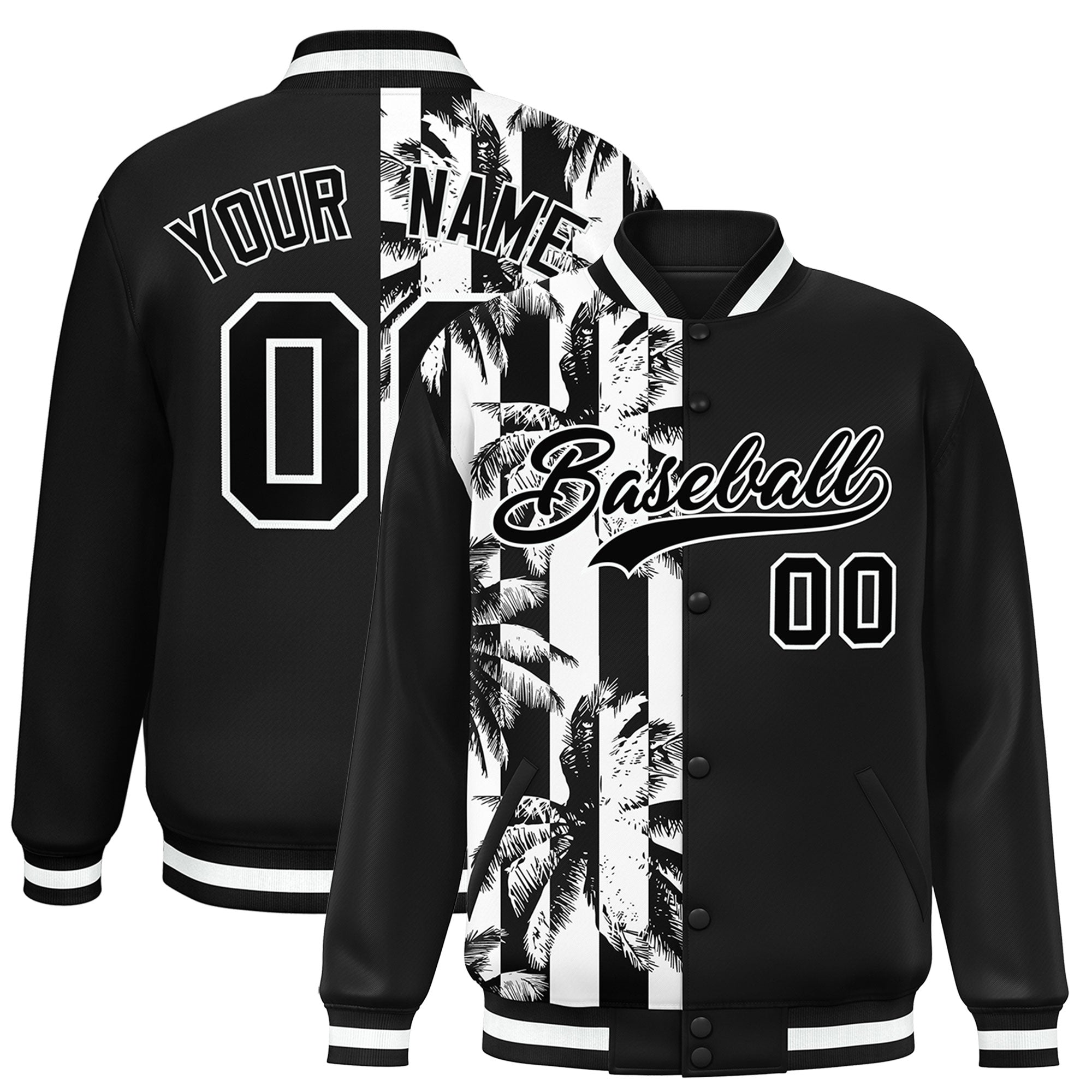 Custom Black Varsity Full-Snap Flower Pattern Letterman Two Tone Split Fashion Jacket