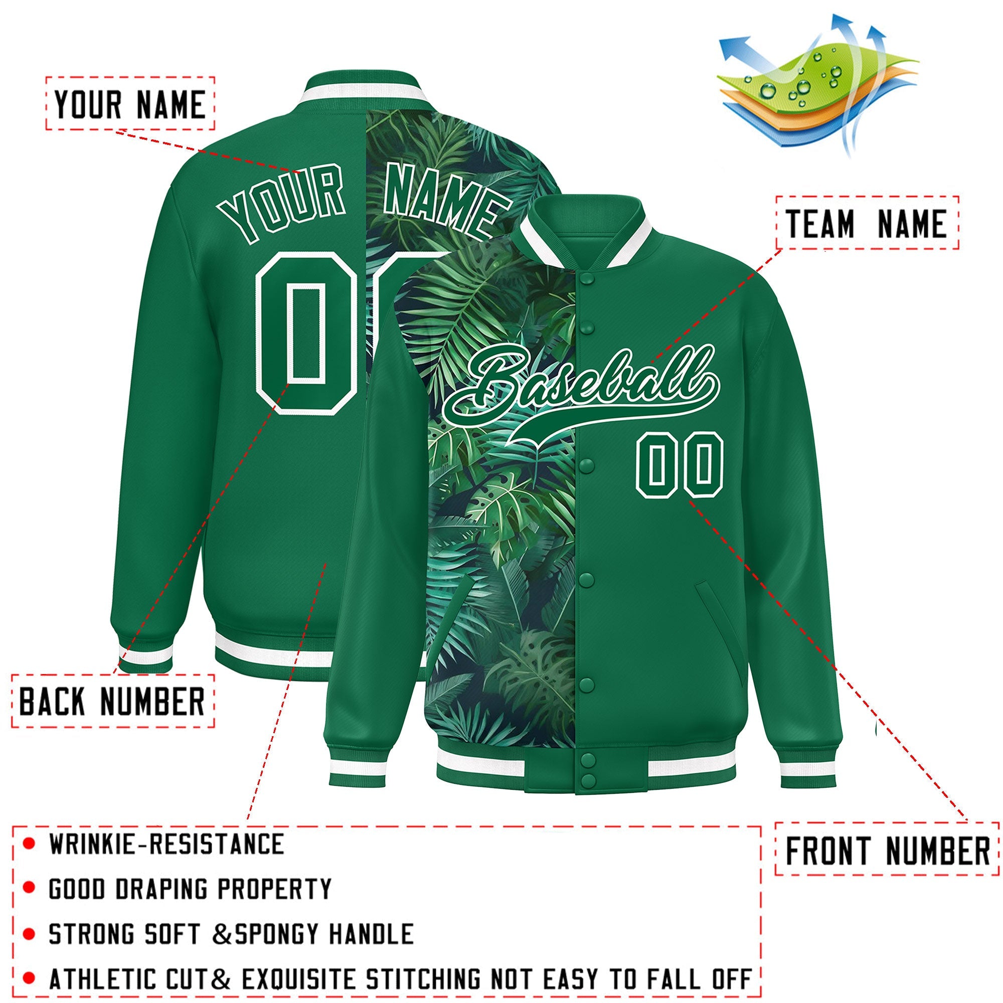 Custom Kelly Green Varsity Full-Snap Flower Pattern Letterman Two Tone Split Fashion Jacket