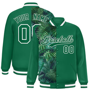 Custom Kelly Green Varsity Full-Snap Flower Pattern Letterman Two Tone Split Fashion Jacket