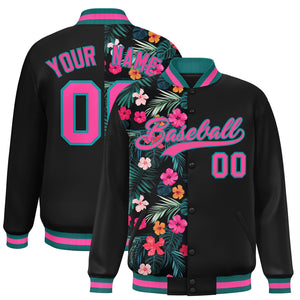 Custom Black Varsity Full-Snap Flower Pattern Letterman Two Tone Split Fashion Jacket