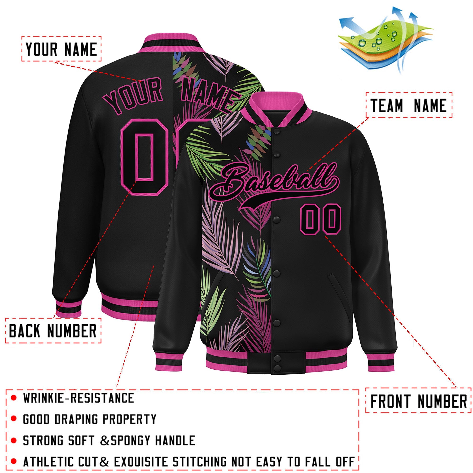 Custom Black Varsity Full-Snap Flower Pattern Letterman Two Tone Split Fashion Jacket