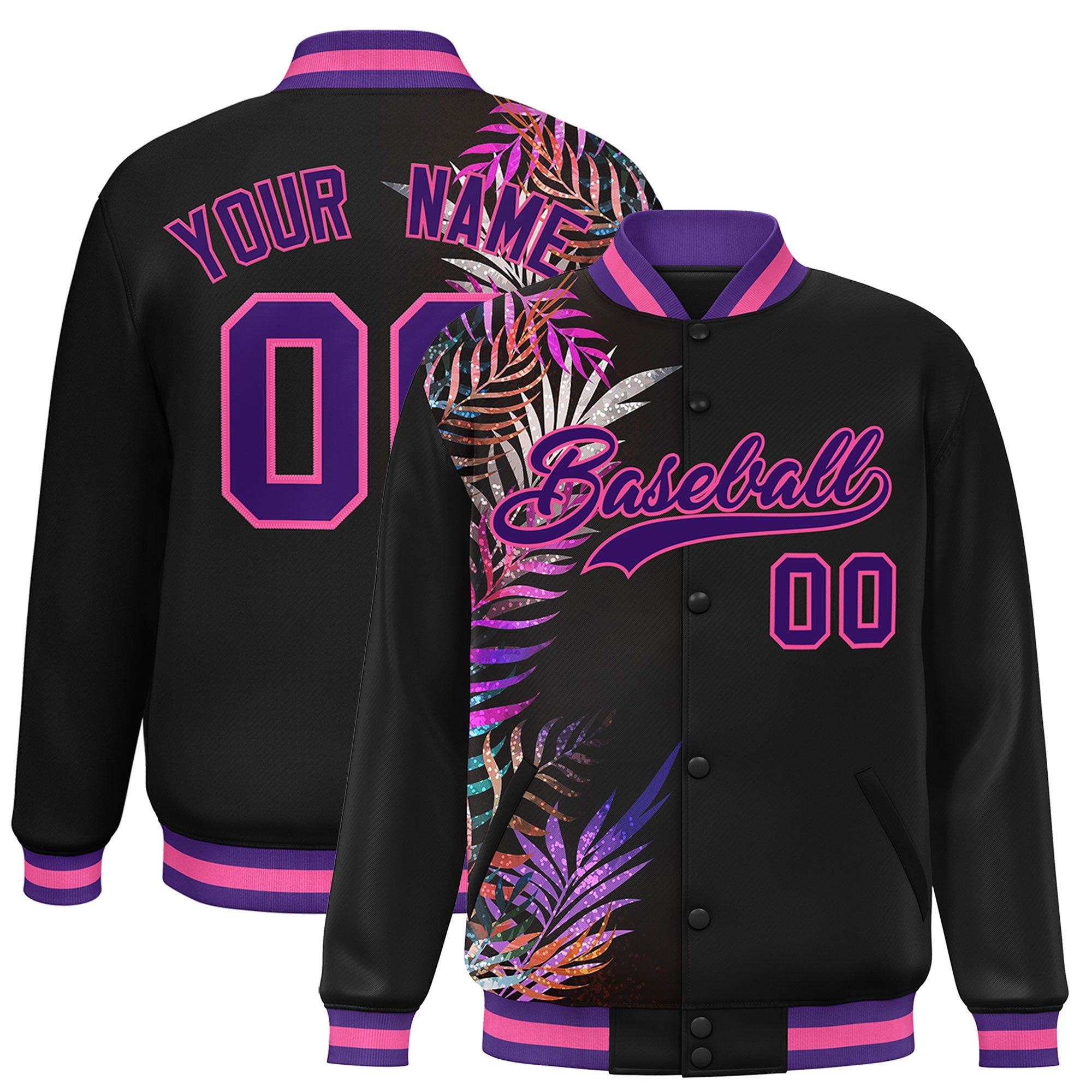 Custom Black Varsity Full-Snap Flower Pattern Letterman Two Tone Split Fashion Jacket