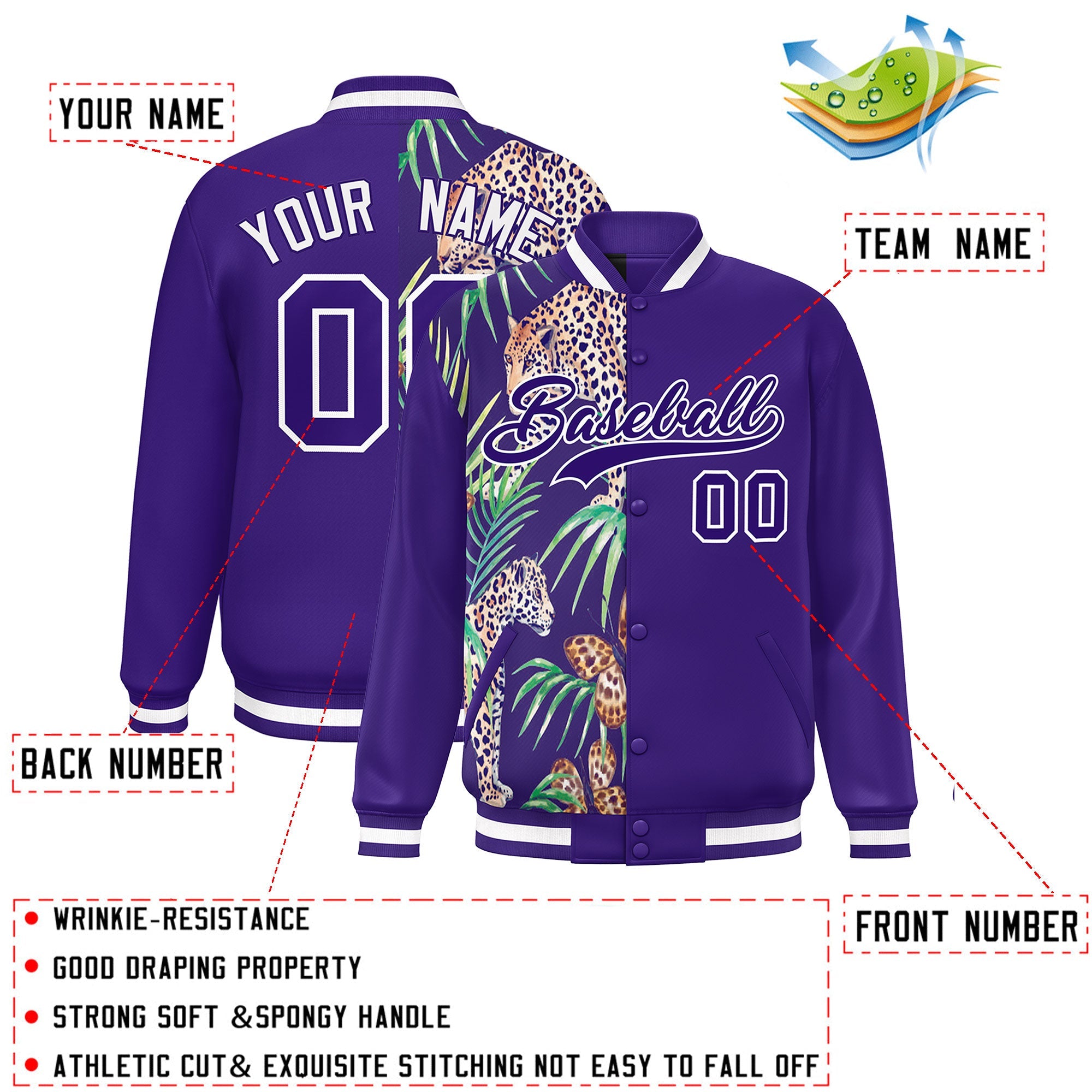 Custom Purple Varsity Full-Snap Flower Pattern Letterman Two Tone Split Fashion Jacket