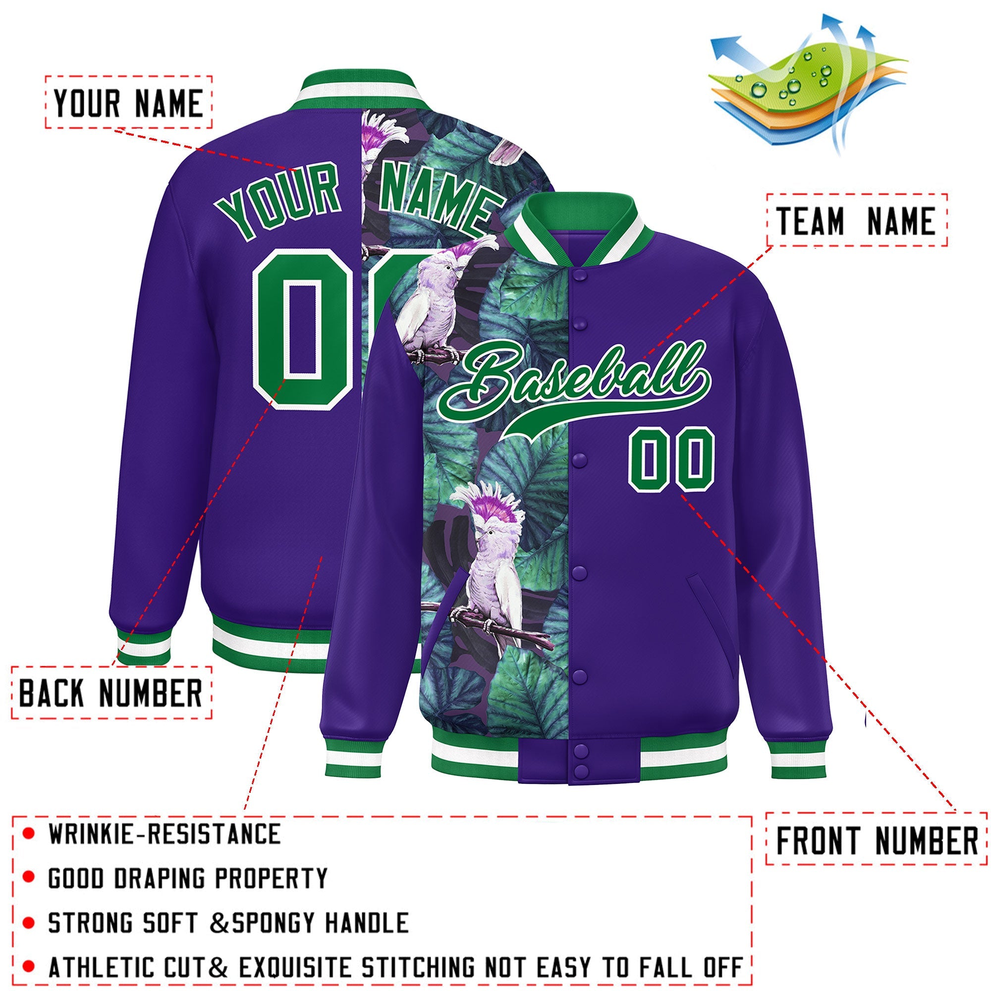 Custom Purple Varsity Full-Snap Flower Pattern Letterman Two Tone Split Fashion Jacket