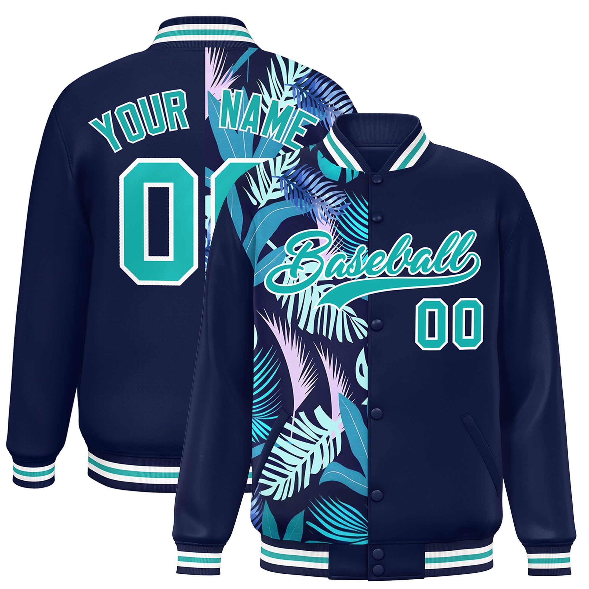 Custom Navy Varsity Full-Snap Flower Pattern Letterman Two Tone Split Fashion Jacket