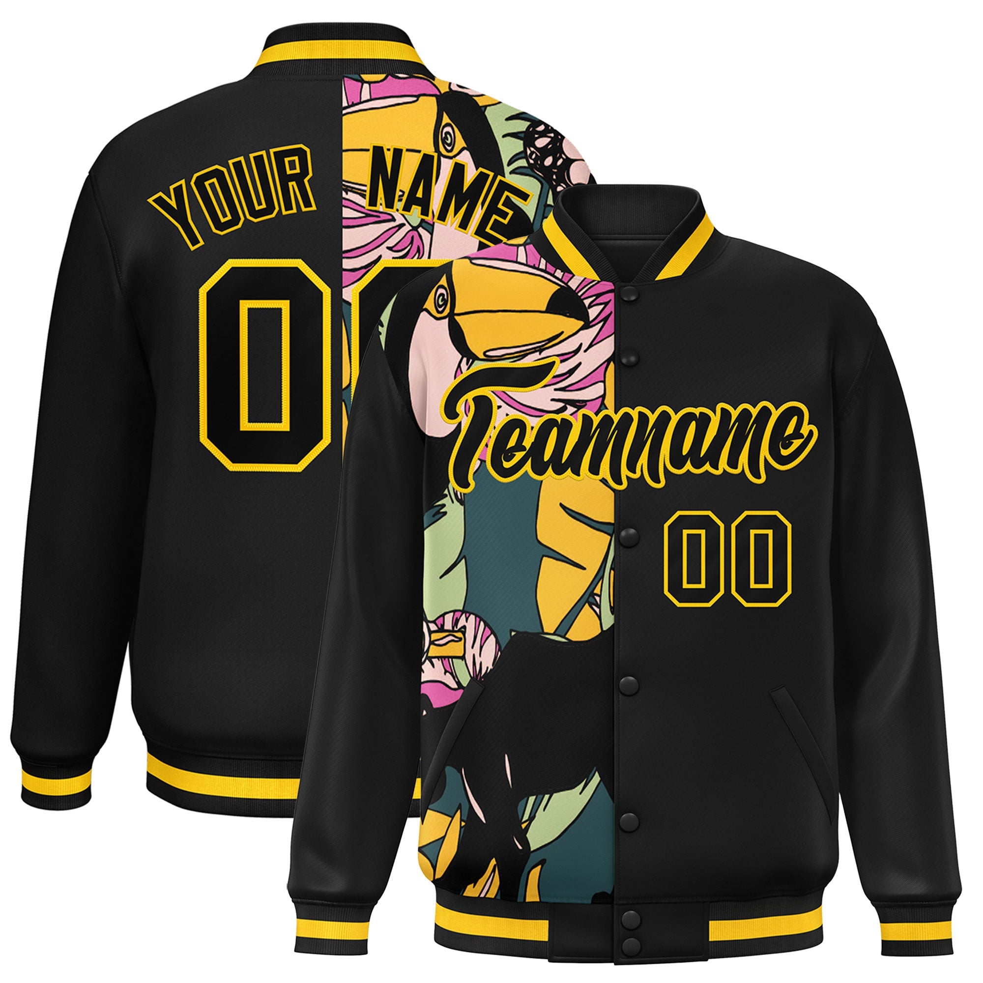 Custom Black Varsity Full-Snap Flower Pattern Letterman Two Tone Split Fashion Jacket