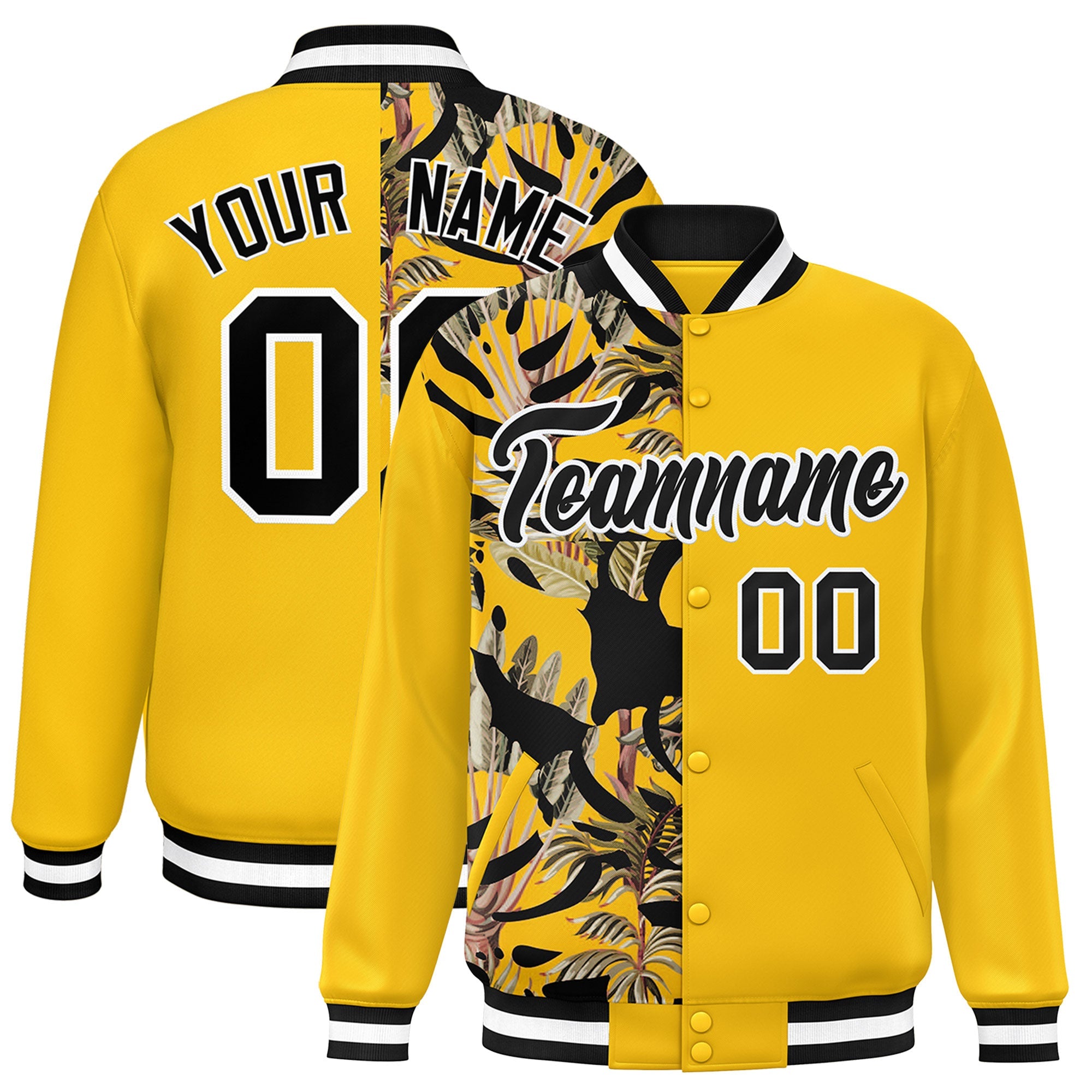 Custom Yellow Varsity Full-Snap Flower Pattern Letterman Two Tone Split Fashion Jacket