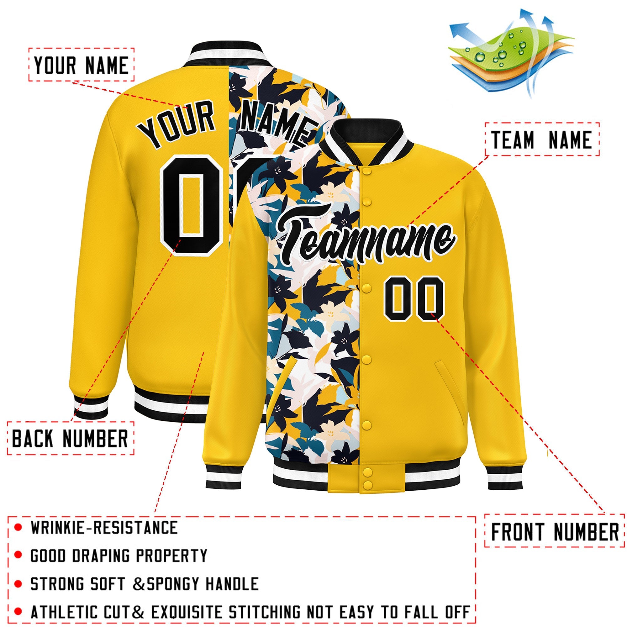 Custom Yellow Varsity Full-Snap Flower Pattern Letterman Two Tone Split Fashion Jacket