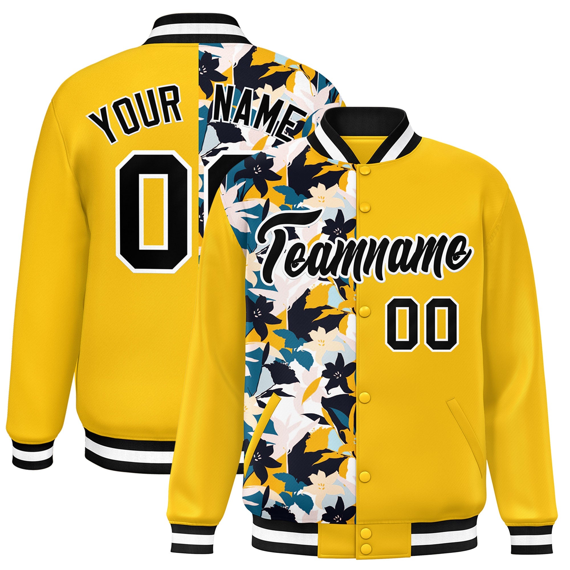 Custom Yellow Varsity Full-Snap Flower Pattern Letterman Two Tone Split Fashion Jacket