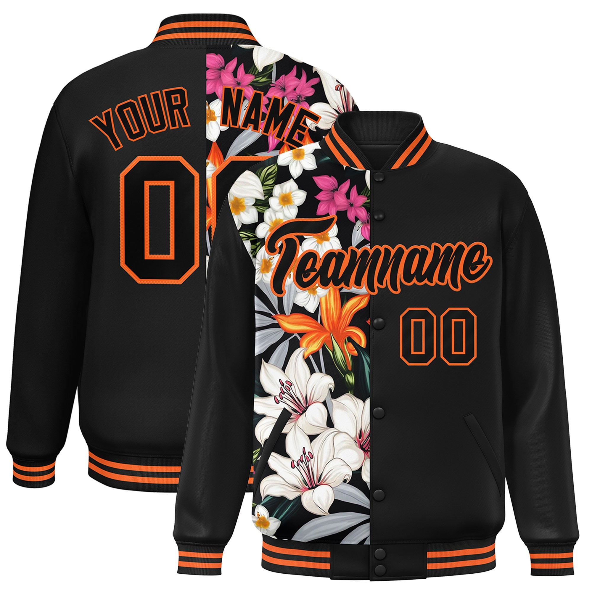 Custom Black Varsity Full-Snap Flower Pattern Letterman Two Tone Split Fashion Jacket