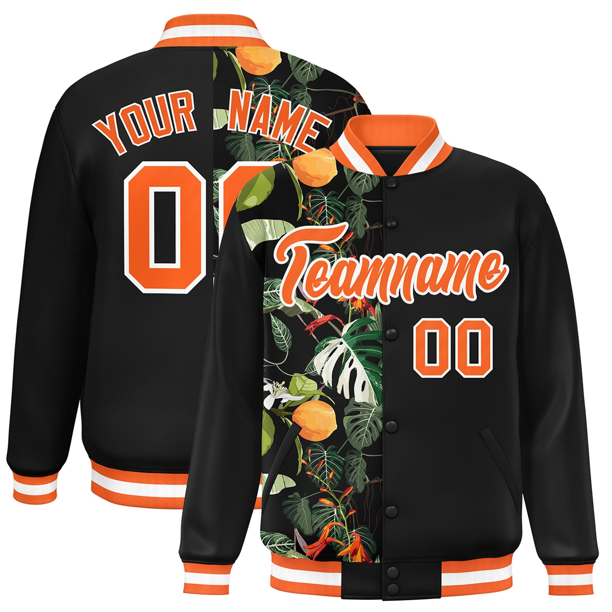 Custom Black Varsity Full-Snap Flower Pattern Letterman Two Tone Split Fashion Jacket