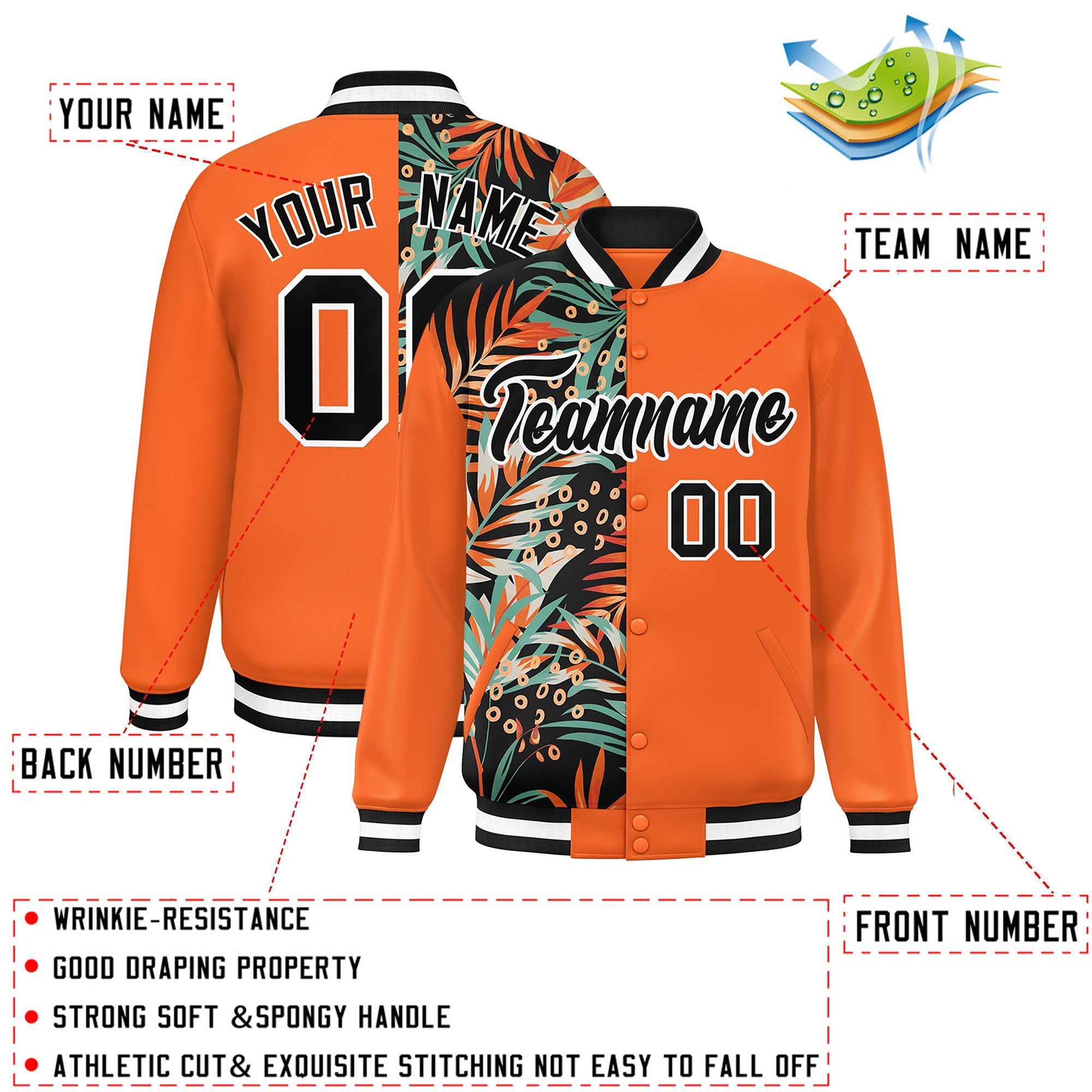 Custom Orange Varsity Full-Snap Flower Pattern Letterman Two Tone Split Fashion Jacket