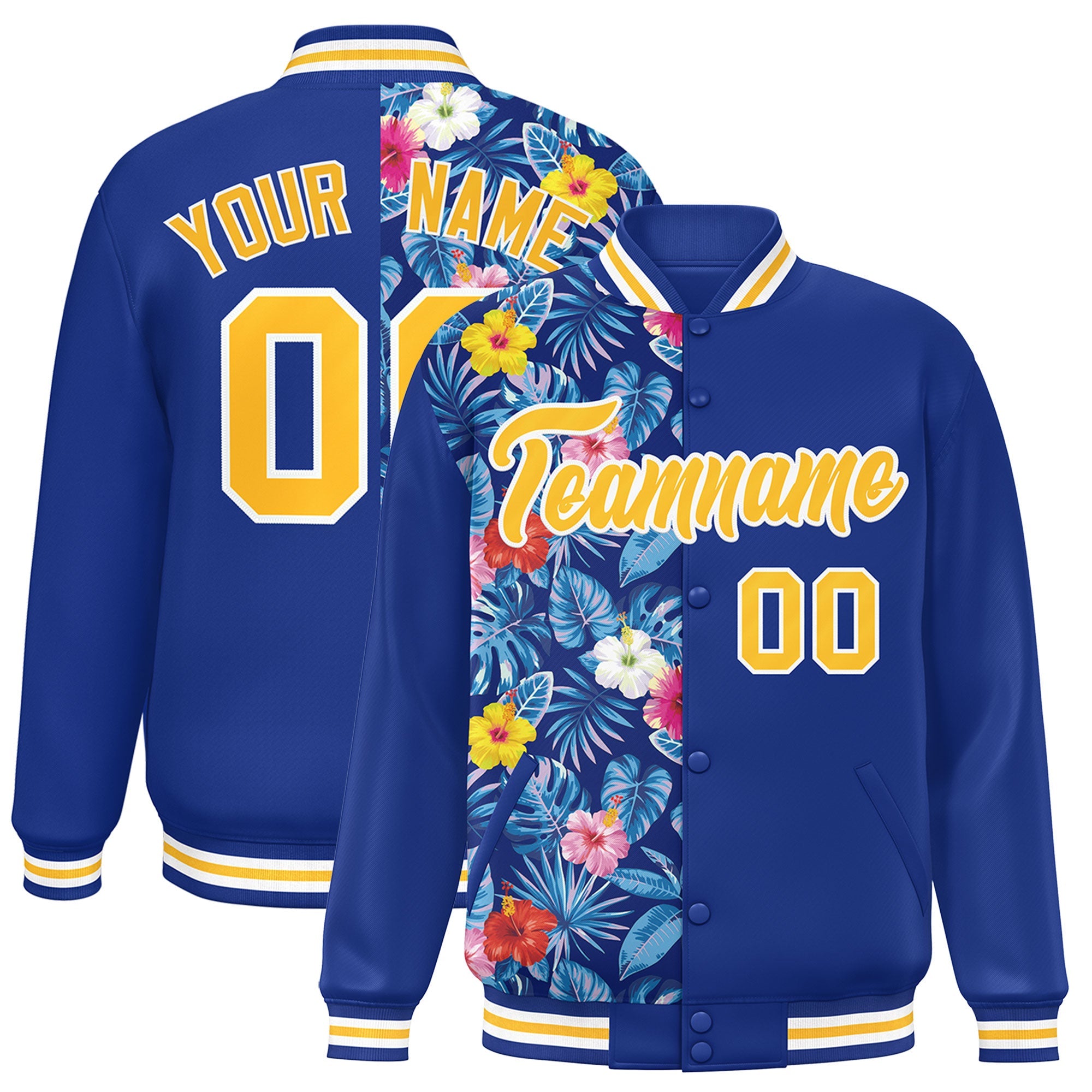 Custom Royal Varsity Full-Snap Flower Pattern Letterman Two Tone Split Fashion Jacket