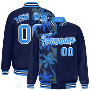 Custom Navy Varsity Full-Snap Flower Pattern Letterman Two Tone Split Fashion Jacket